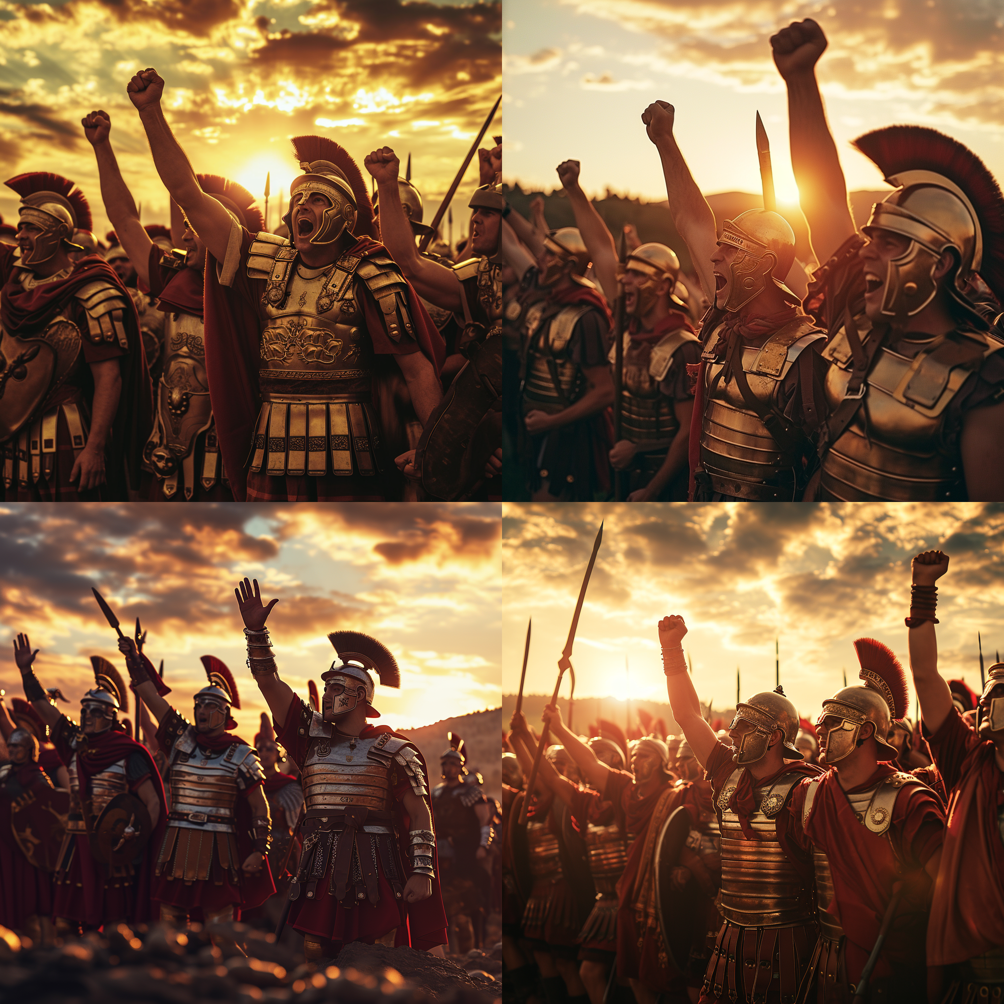 古罗马士兵占领阵地，百夫长带领，高举双手欢呼胜利，夕阳照耀下，勇敢坚毅，宏伟壮丽，悲壮气氛，广角镜头，高对比度，战争场景，铠甲闪光，金黄色调，迅疾行动，战斗意志。