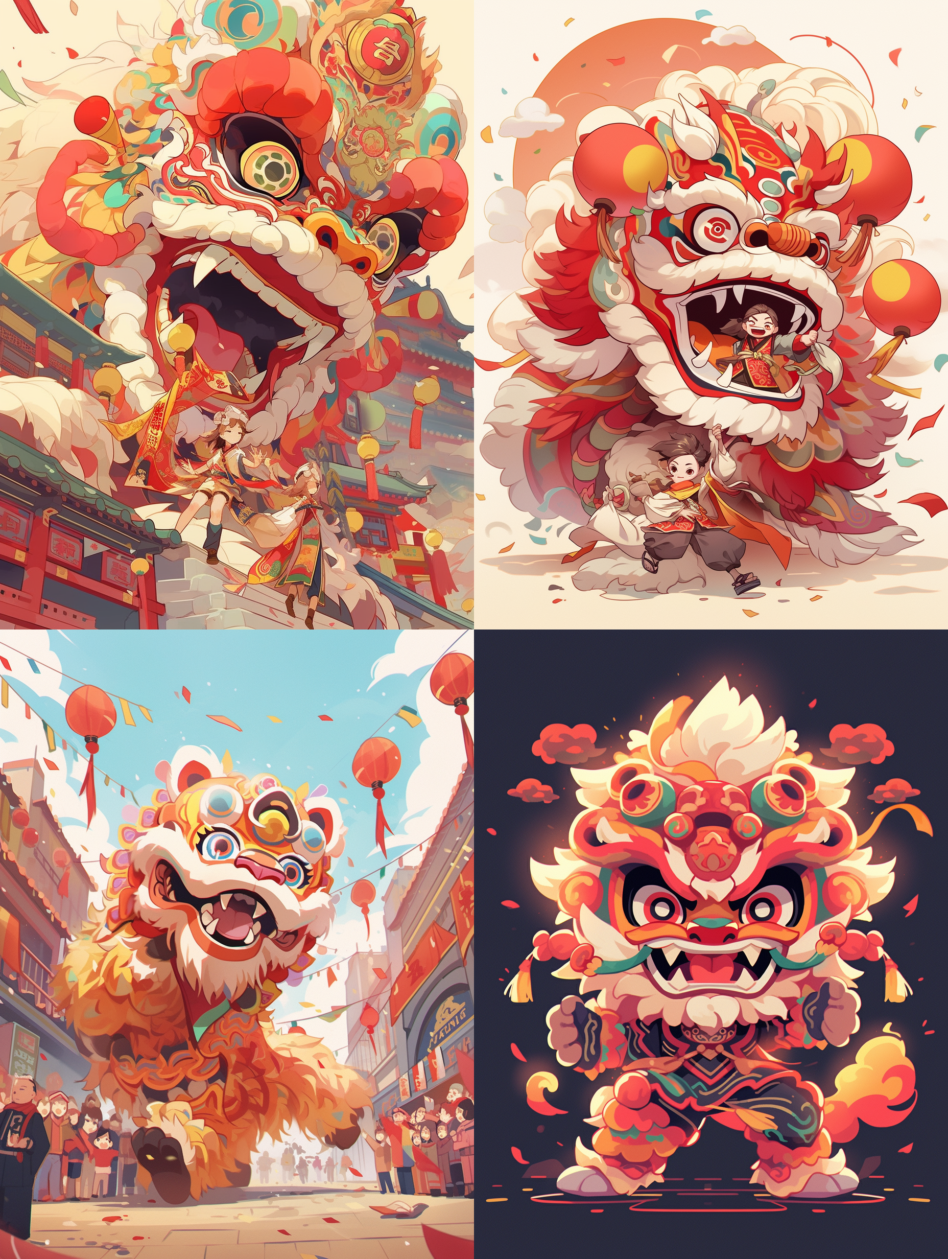 中国风舞狮在广场上，多色，背景纯色，动态优美，活泼可爱，动漫风格