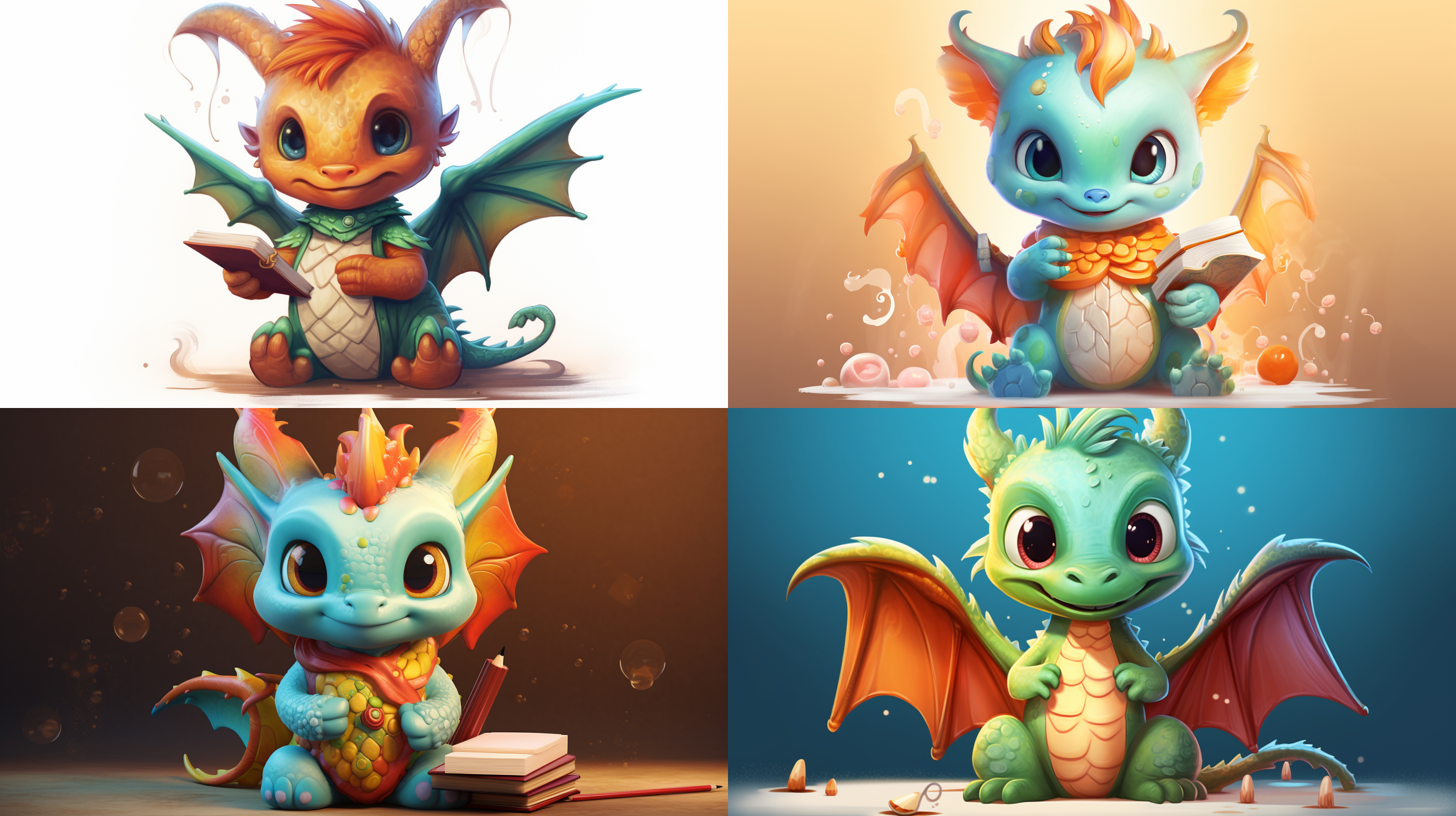 一条东方风格的小龙，可爱，明亮，手里拿着一只学习的笔