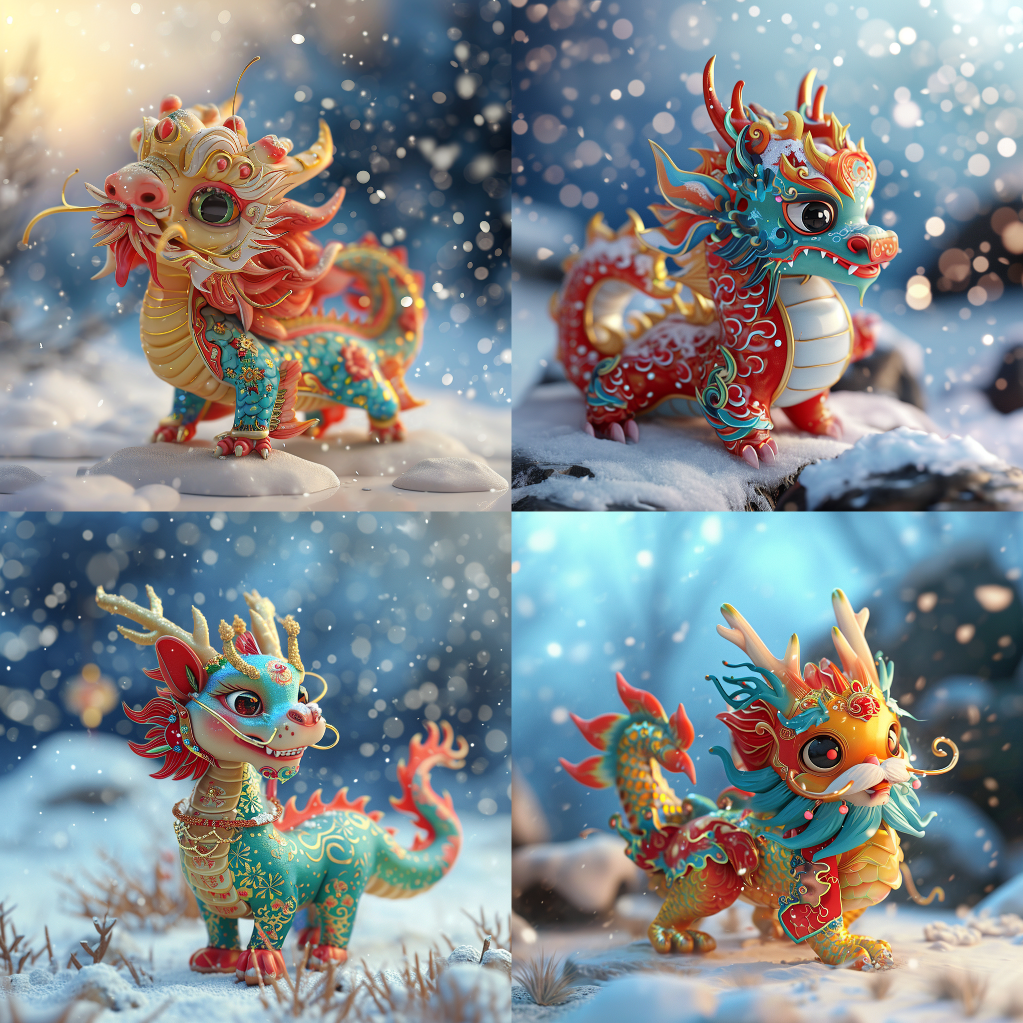 一只彩色可爱的小中国吉祥龙，在雪地里，伴着星星光亮，3d动画风格，c4d,渲染器，全身像镜头，电影照明，高质量，多细节，高清