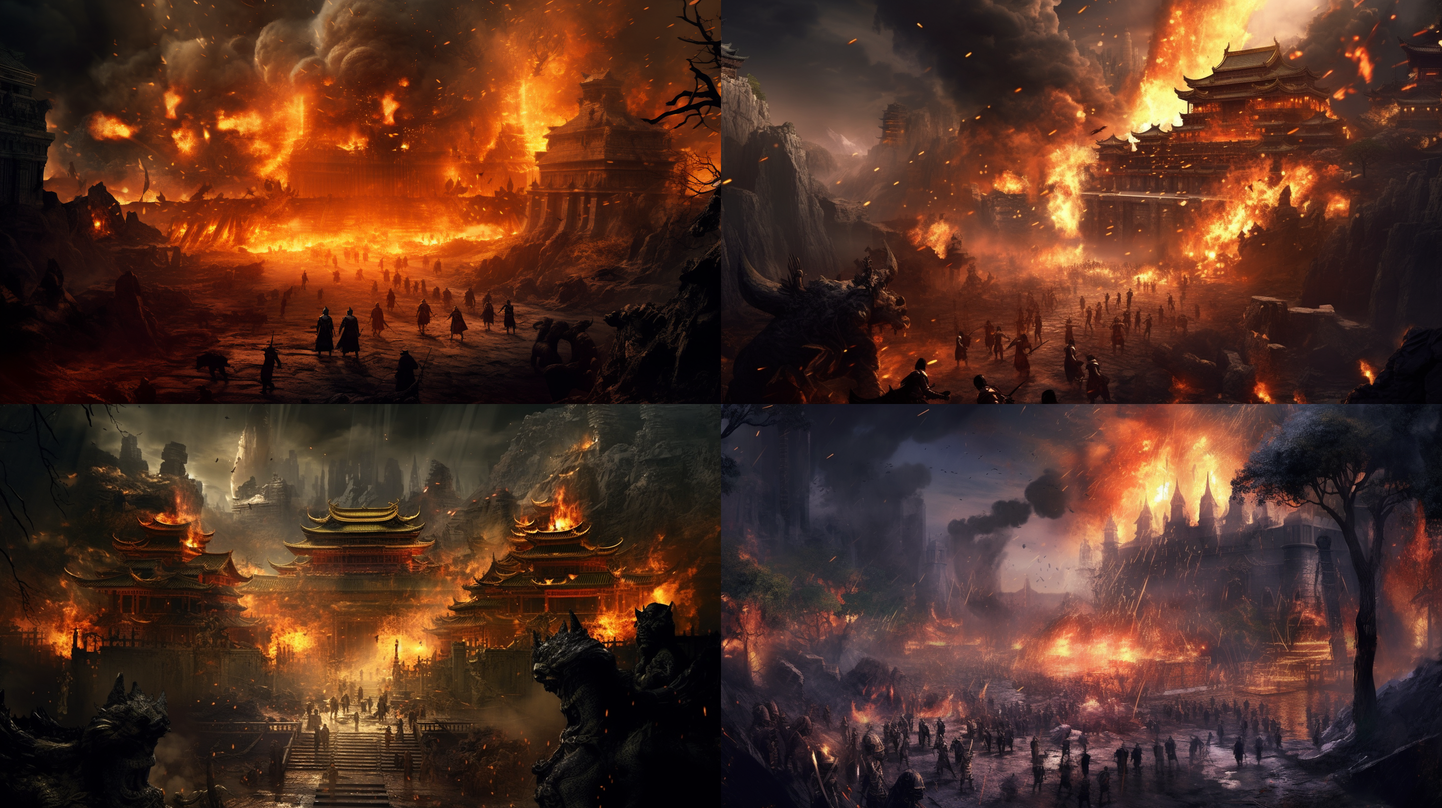 神魔古代战场场景，古建筑坍塌，大地震裂，气势恢宏，硝烟四起，刀光剑影，满目疮痍，火光，冷光，暗黑风格，多细节，画面内容丰富，树，人，魔，兽，花，古剑，8k，渲染