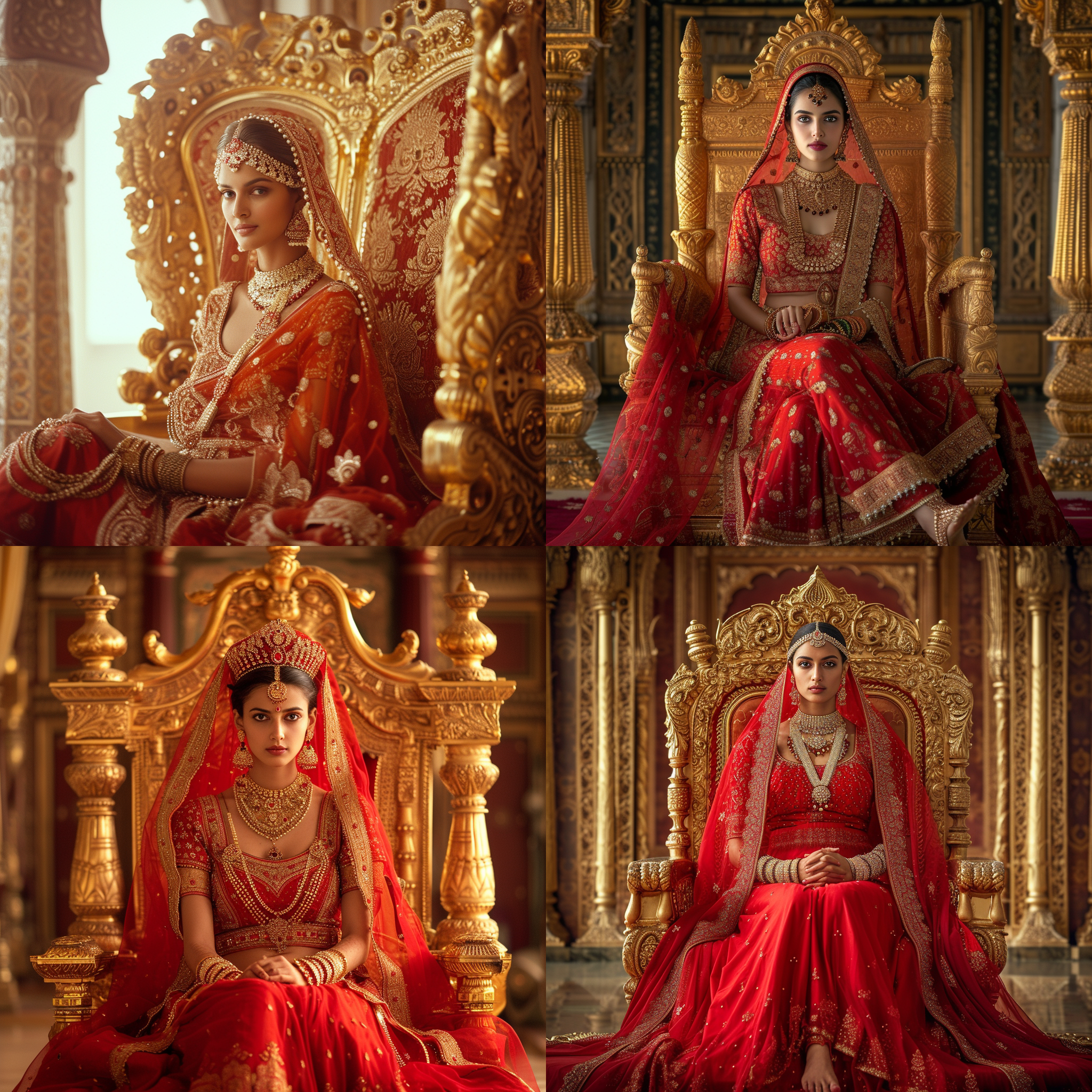印度王后，华丽的宫殿内，优雅地坐在金色宝座上。她身穿华丽的红色印度传统服装，头戴华丽的头饰和珠宝。周围是华丽的织物和装饰品，反射出耀眼的光芒。照片采用中景构图，温暖的色调，柔和的侧光，使用长焦镜头突出王后的高贵气质。华丽，高贵，辉煌，自信，宝座，红色，珠宝，传统，光芒。