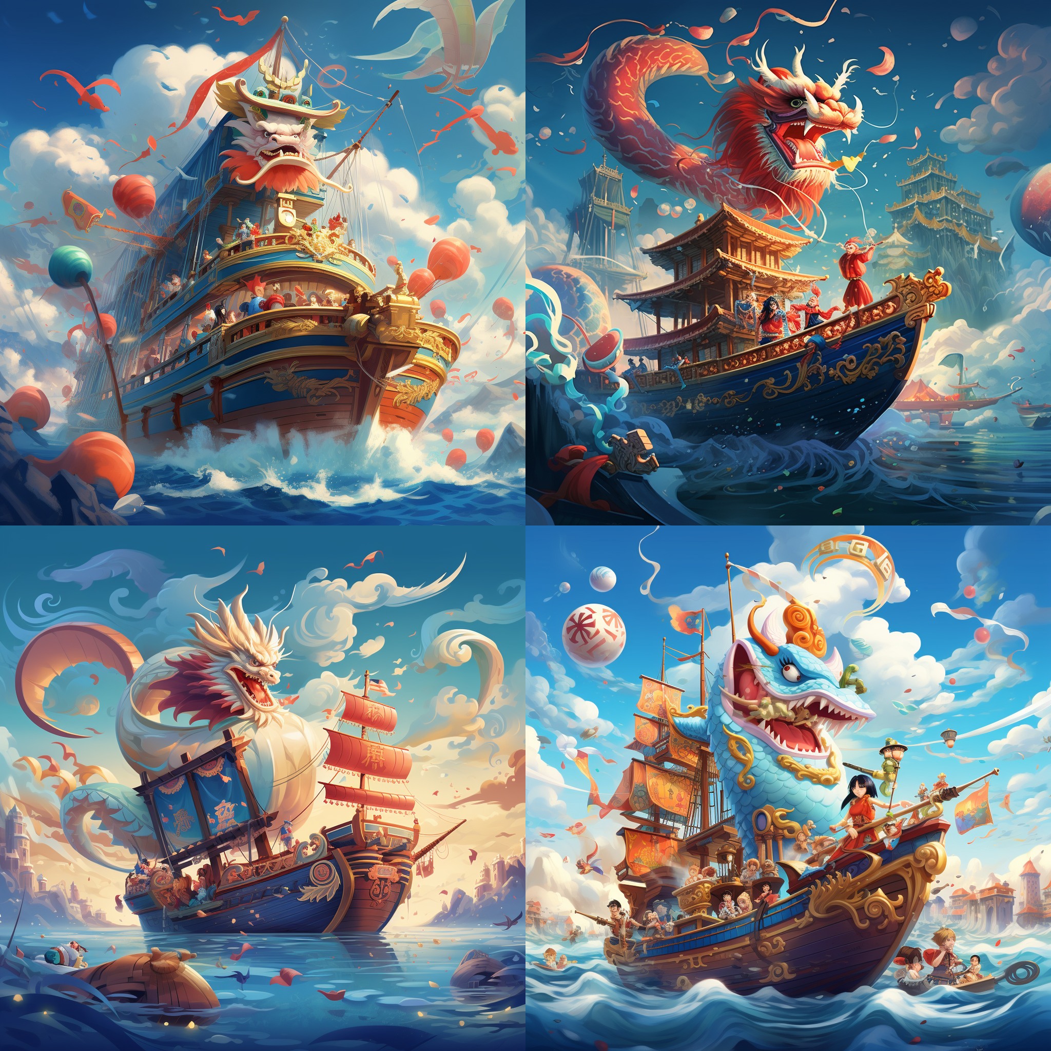 漫渺2024龙年新年海报，以"manmiao"为主题。背景是一片广阔的蓝天和白云，海上有一艘华丽的船只，上面摆满了五彩缤纷的灯笼和鞭炮。船上的人们欢呼雀跃，庆祝新年的到来。整个画面充满喜庆和热闹的气氛，色彩鲜艳，寓意吉祥如意。