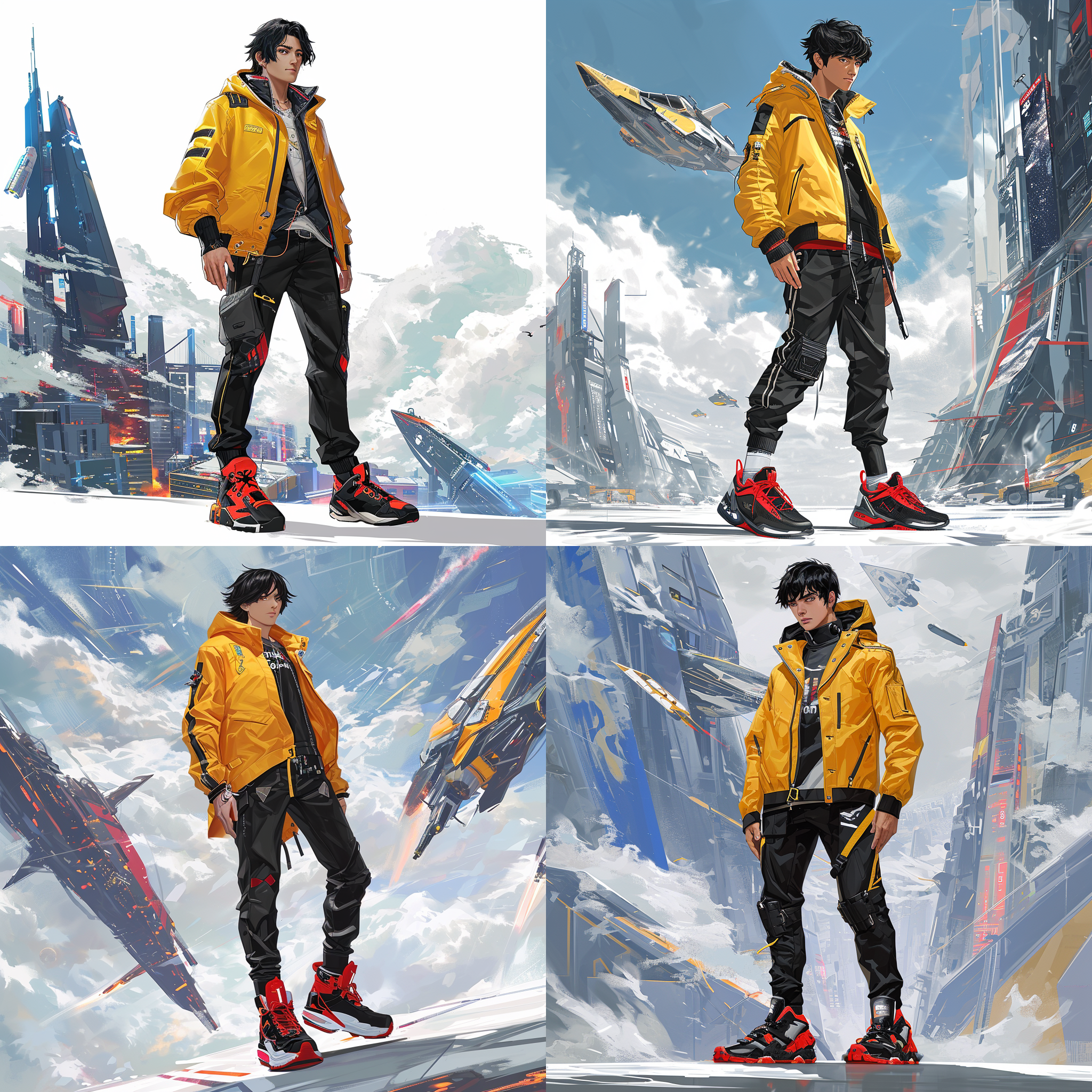 中年男人，黑发，一件黄色的夹克，黑色裤子，黑红相间的运动鞋子，身材偏瘦，背后有一艘飞船背景，高级数字奇笔艺术，枫叶故事人物艺术，强烈对比度，侧光，广角镜头，动感，激情，鲜明色彩，惊喜。