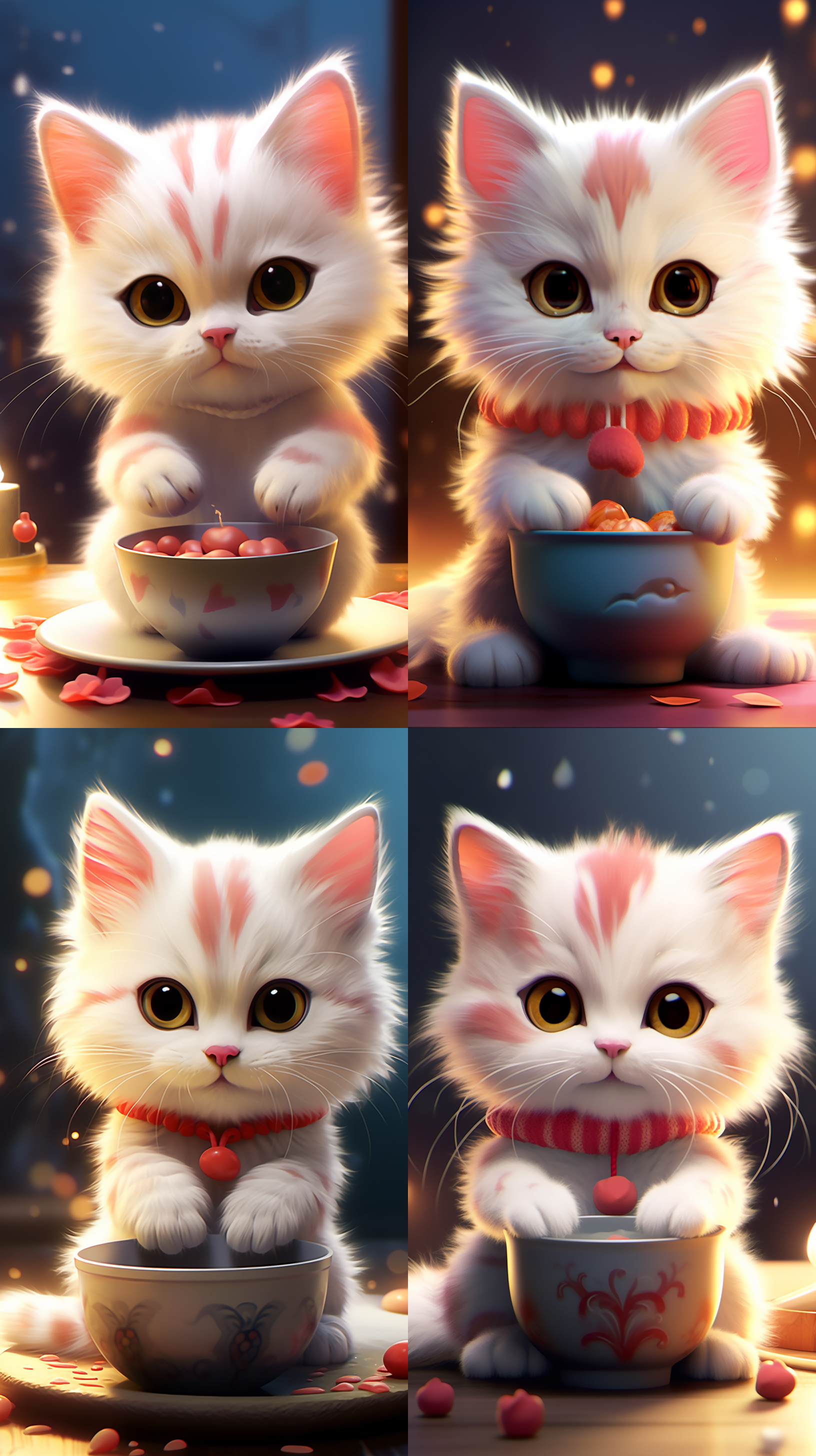 可爱的小白猫，装满粥的碗，一把勺子。背景有燃烧的蜡烛和生动的绘画作品，以及电脑艺术。阿德里安·辛格酷爱这只可爱的小猫。细腻的绘画风格，明亮的色彩，温暖的照明，表达着快乐和宁静的情感。猫咪的可爱和主题的对比，突出了照片的和谐和温暖感。