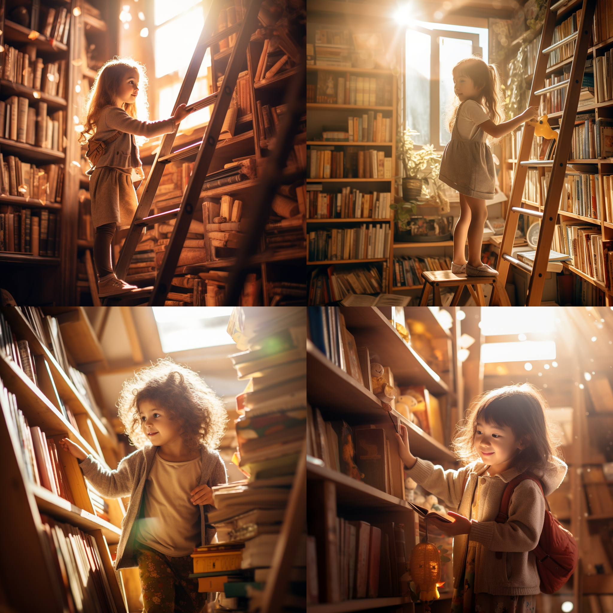 萌萌的小女孩在图书馆看书，个子不高够不到书，她站在梯子上伸手够书，背后是书架的壮观景象，阳光透过窗户照在她身上，形成柔和的侧光，将她的笑容和专注表情照亮。温暖的色调增强了安静和舒适感，广角镜头捕捉到整个场景，给人一种宽广和开放的感觉。专注、可爱、探索、充满希望。色彩要鲜艳的靓丽的。