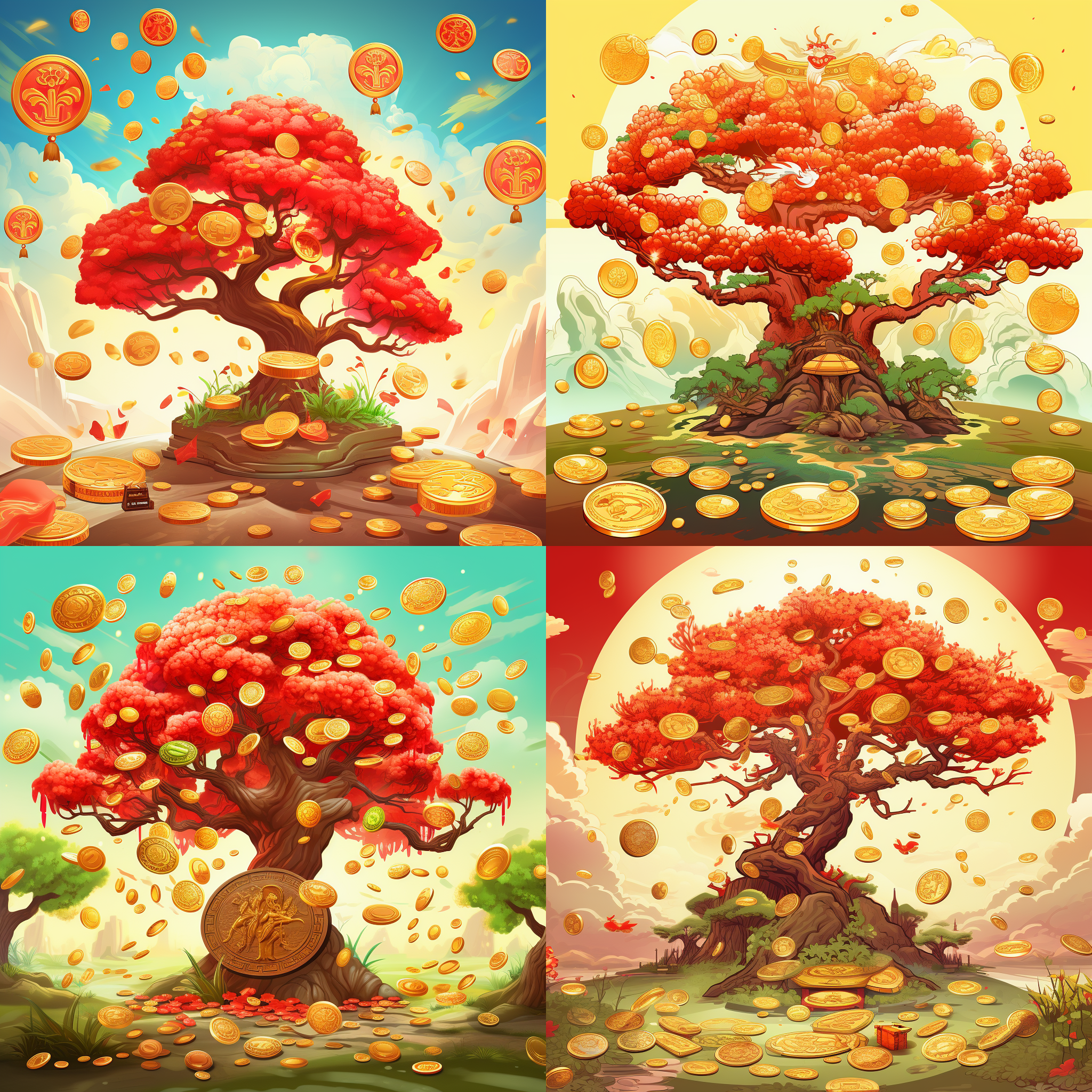 龙年宝宝，发财树，恭喜发财，红包雨，金币。鲜艳的红包雨从天空中洒落，金币在空中闪耀，一颗发财树在背景中繁茂生长。主题元素布局对称，色调鲜明，使用广角镜头，背光照亮了整个场景，传达着喜庆和祝福的情感。