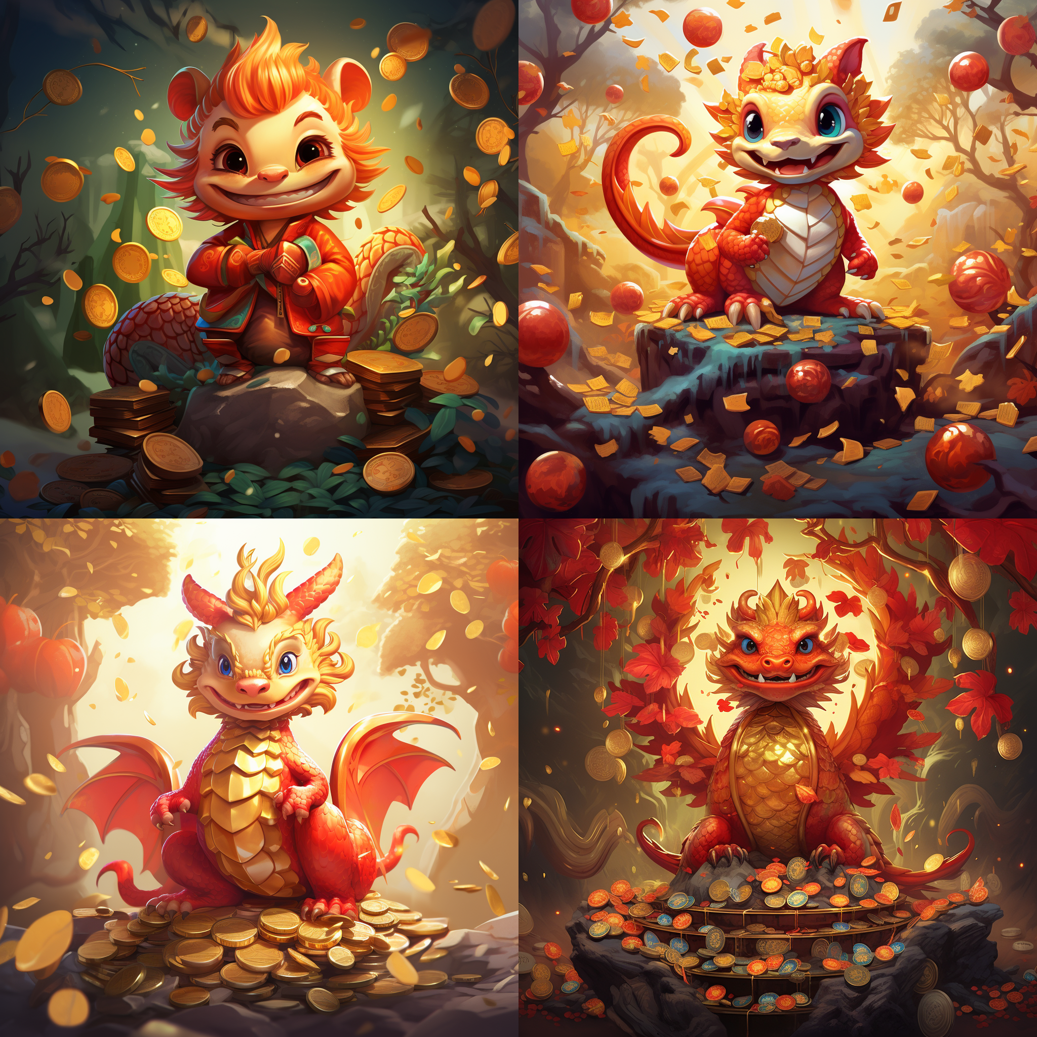 龙年男宝宝，发财树背景，红包雨，金币闪耀，对称布局，鲜艳色调，广角镜头，背光照亮，喜庆祝福，繁茂生长，恭喜发财，高光效果。