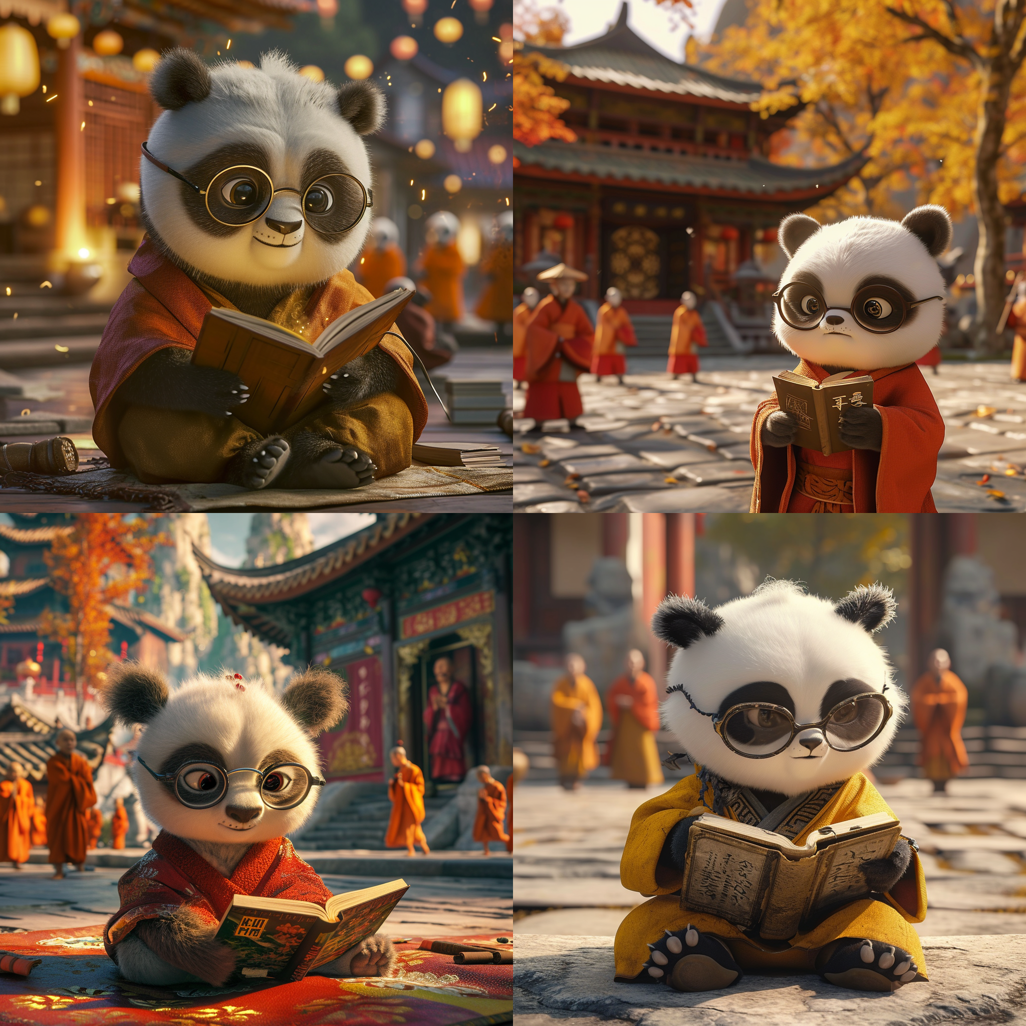 戴眼镜的小熊猫在少林寺门前专注阅读，几个练功小和尚，彩色照片，虚拟人物画，温馨氛围，柔和光线，注视着书本，镜头聚焦，细节清晰，色彩鲜艳，可爱。