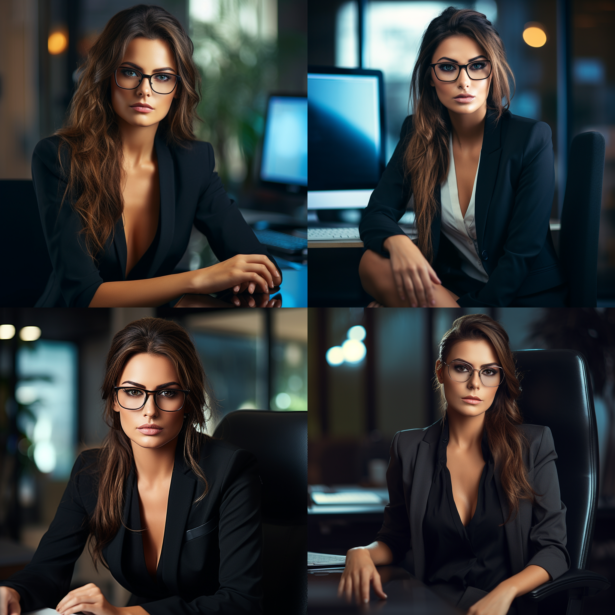 美女黑眼镜，商务西装，坐在电脑前，正面构图，现代风格，环境简洁，长焦镜头，自然光，专注操作，高度关注，冷色调，专业感。