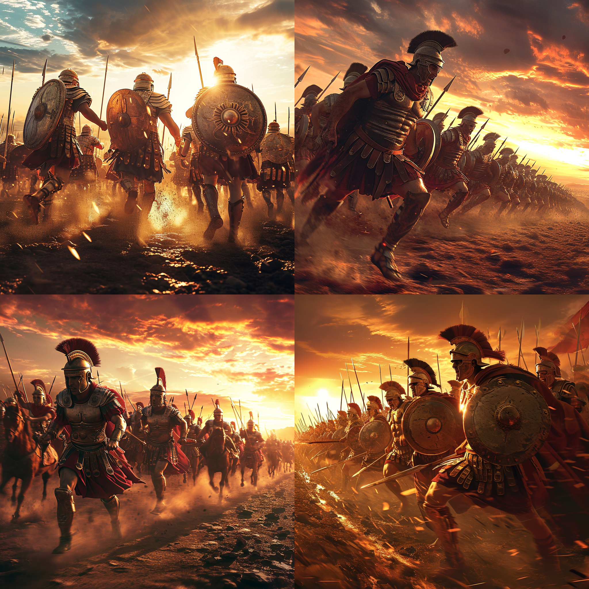 古罗马士兵冲锋陷阵，百夫长带领，夕阳照耀下，勇敢坚毅，宏伟壮丽，悲壮气氛，广角镜头，高对比度，战争场景，铠甲闪光，金黄色调，迅疾行动，战斗意志。