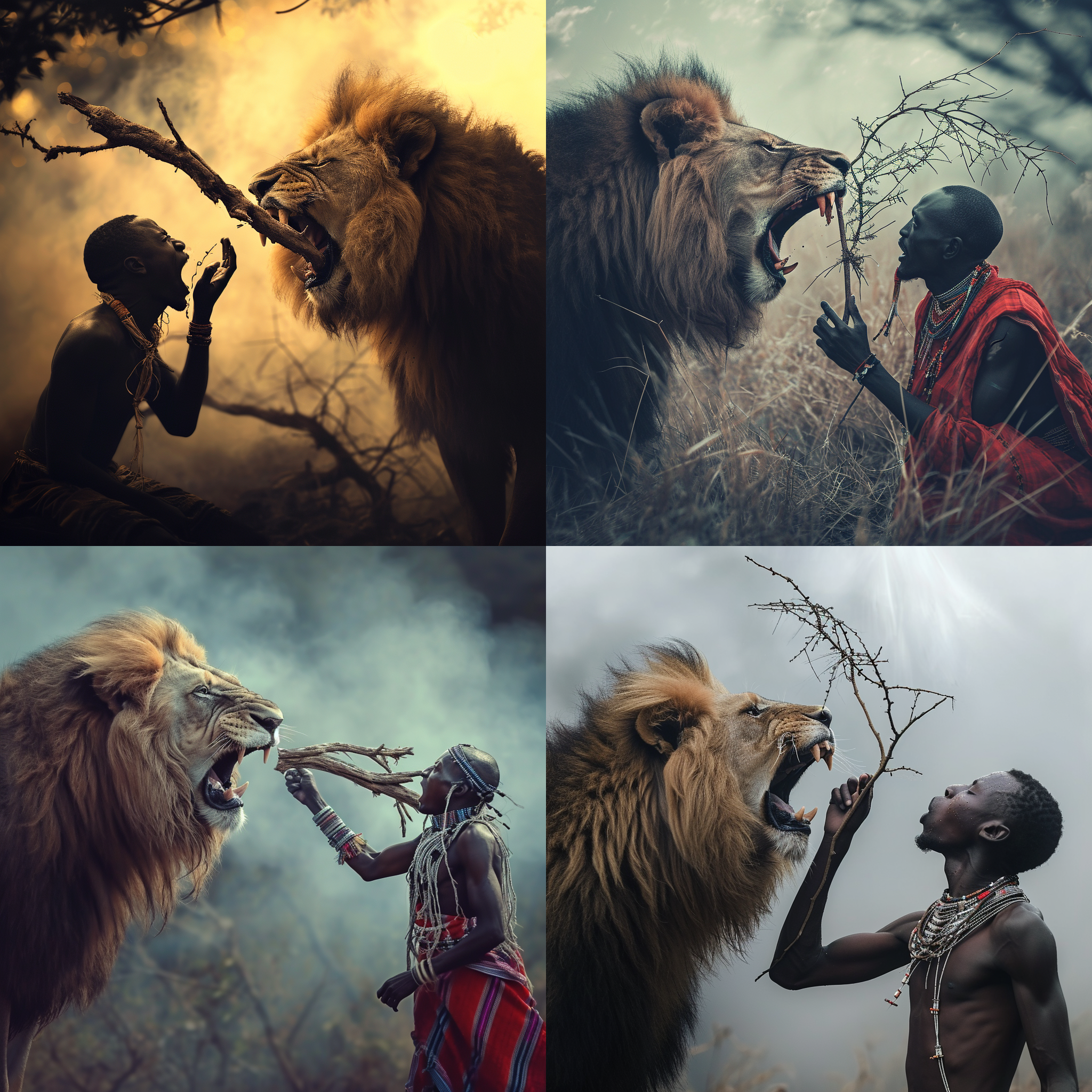 狮子张开血盆大口，一个非洲土著男人紧紧抓住树枝，悬空摇摆。画面构图对称，背景雾气蒙蒙，彩色风格，长焦镜头，逆光，静止，生死一线，紧张，恐惧。