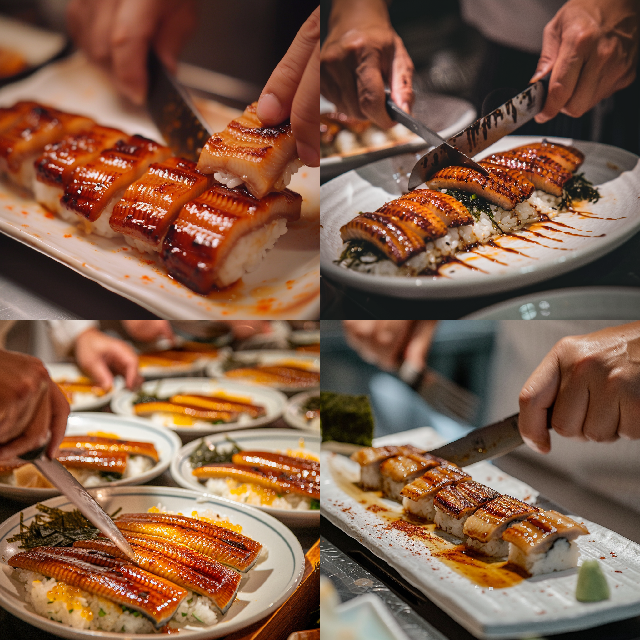 米其林厨师制作日本鳗鱼饭，镜头从上方俯瞰，呈现整个料理过程。鳗鱼铺在白色陶瓷盘子上，搭配细腻的糖醋汁和烤海苔。灯光柔和，营造出温馨的氛围。厨师手持刀具娴熟地切割鳗鱼，动作流畅而精准。整个画面色调鲜明，突出鳗鱼的红色和黄色，表达出美食的诱人和精致。