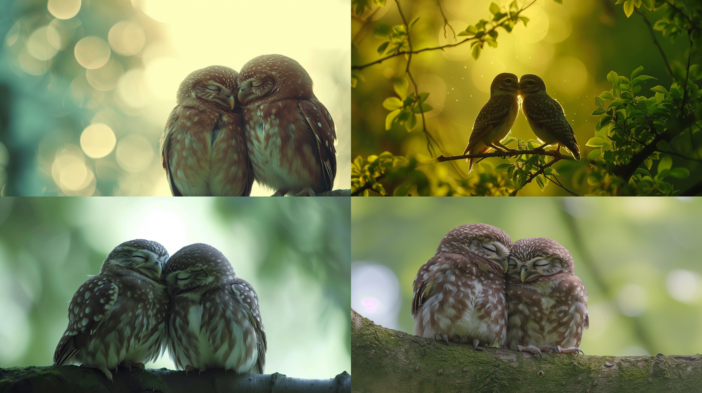 两只little owl在恩爱，接吻，逆光，绿色春天，高清摄影，长焦镜头，大光圈
