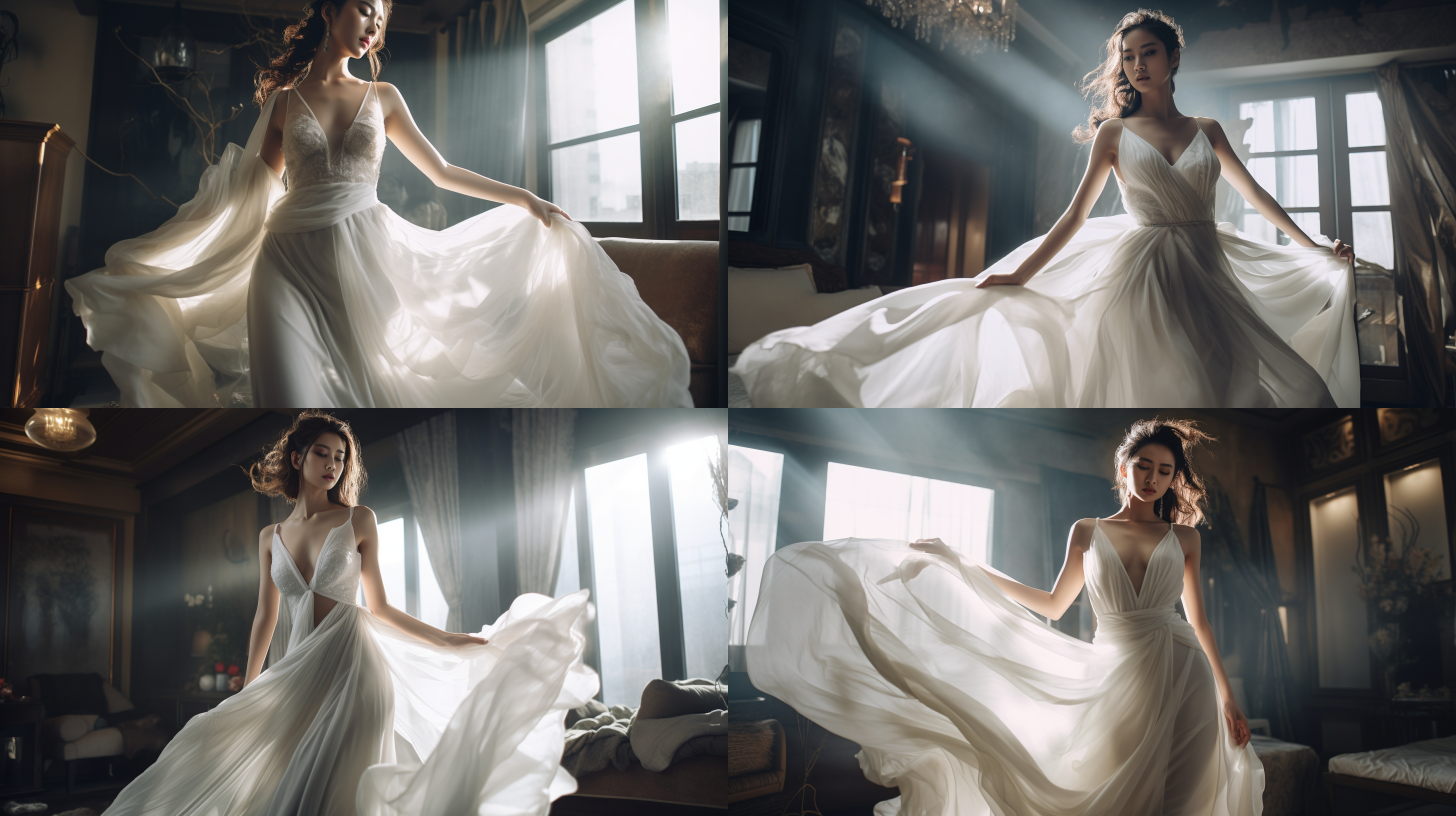 酒店室内环境摄影，一位中国女模特，穿白色婚纱，气质从容，恬静，全身镜头，大师级摄影构图，冷光补光，多细节，4k，清冷感，高清