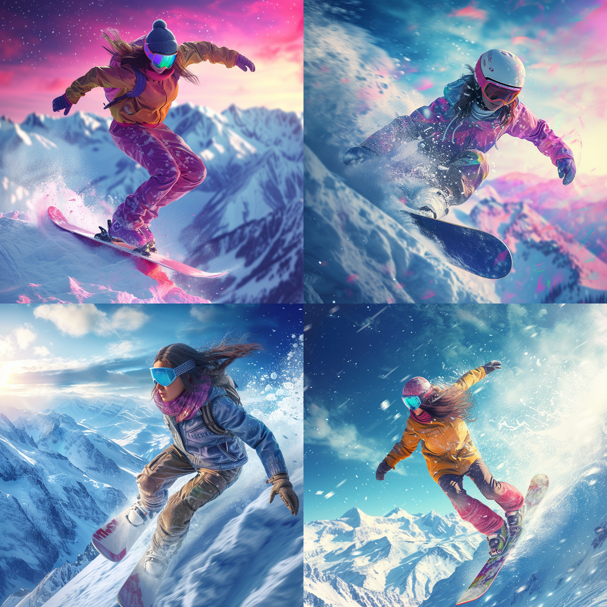 新疆美女单板滑雪，运动感十足，写实风格，背景是壮丽的雪山，青春活力四溢，色彩饱和鲜明，c4d渲染效果，大光圈拍摄，展现出冒险与自由的氛围。