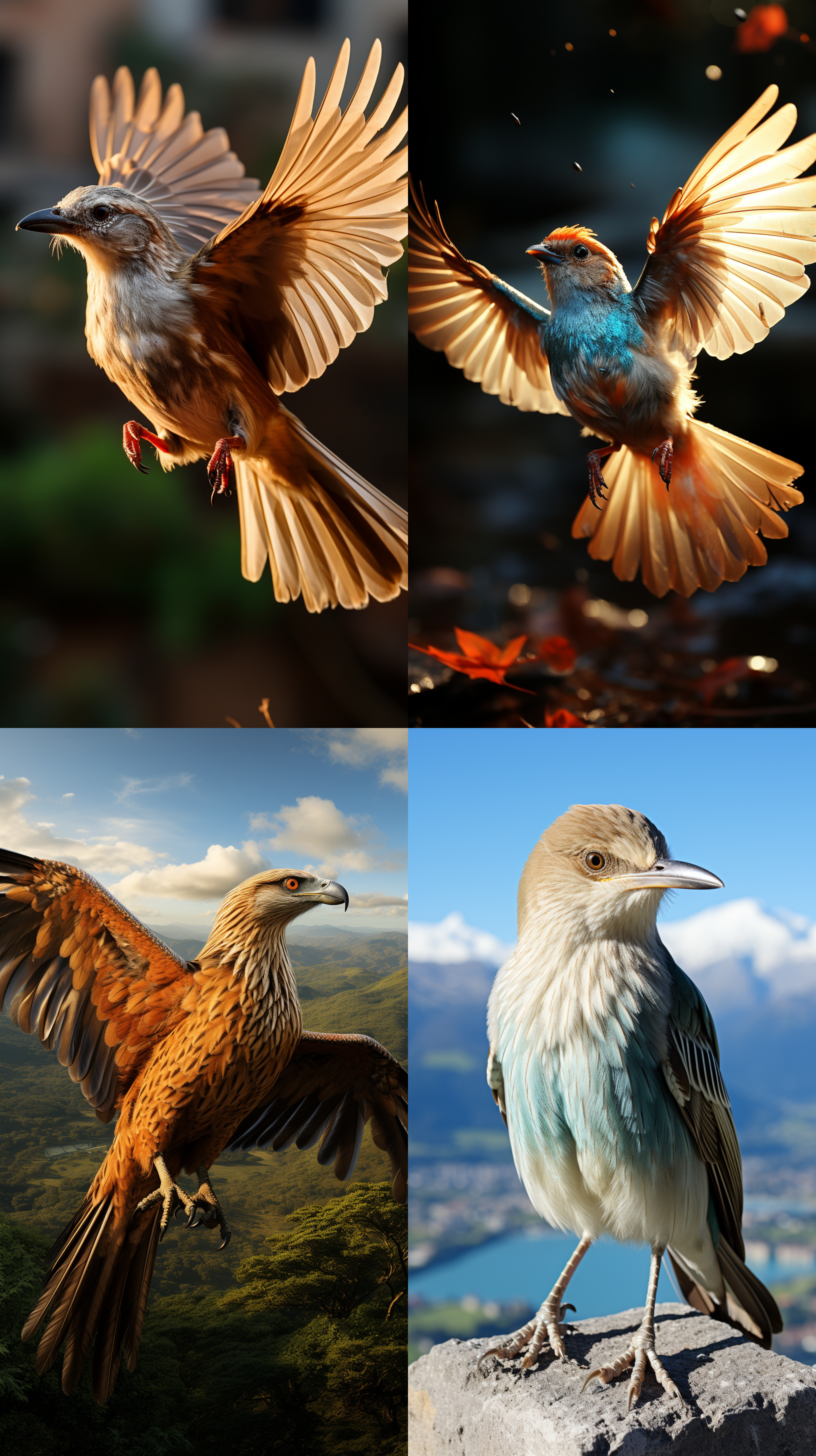 百灵鸟展翅飞翔，背景为广袤的森林，远处青山环绕。照片以鸟的侧面为主体，构图对称美观。高清晰度，细节丰富，色彩鲜艳，使用长焦镜头捕捉鸟的优雅动作。光线柔和，呈现出宁静与自由的氛围。