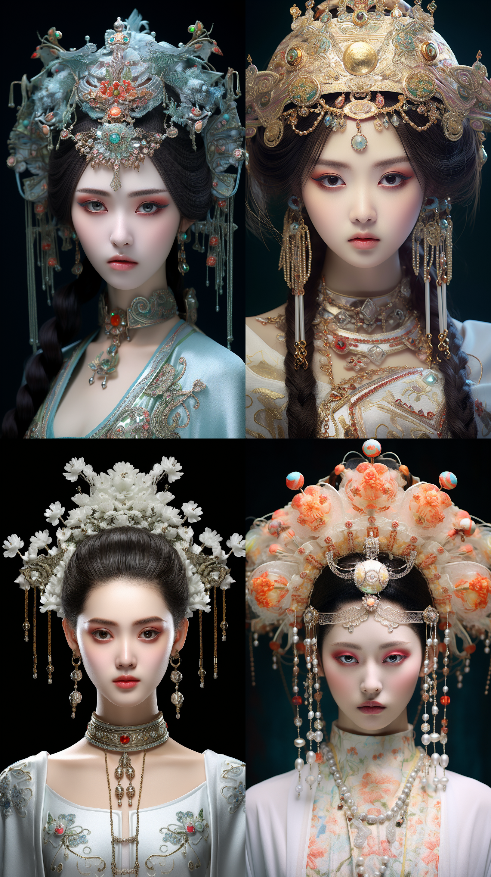 古典中国美女，全息现实全息光环发型，垂直小丸子精致的中国传统头饰，华丽的中国传统服装金玉装饰，全景瓜子脸纯白背景更高质量和高精度的丹凤眼均匀的光照超高纹理3d艺术和文化符号8k分辨率。