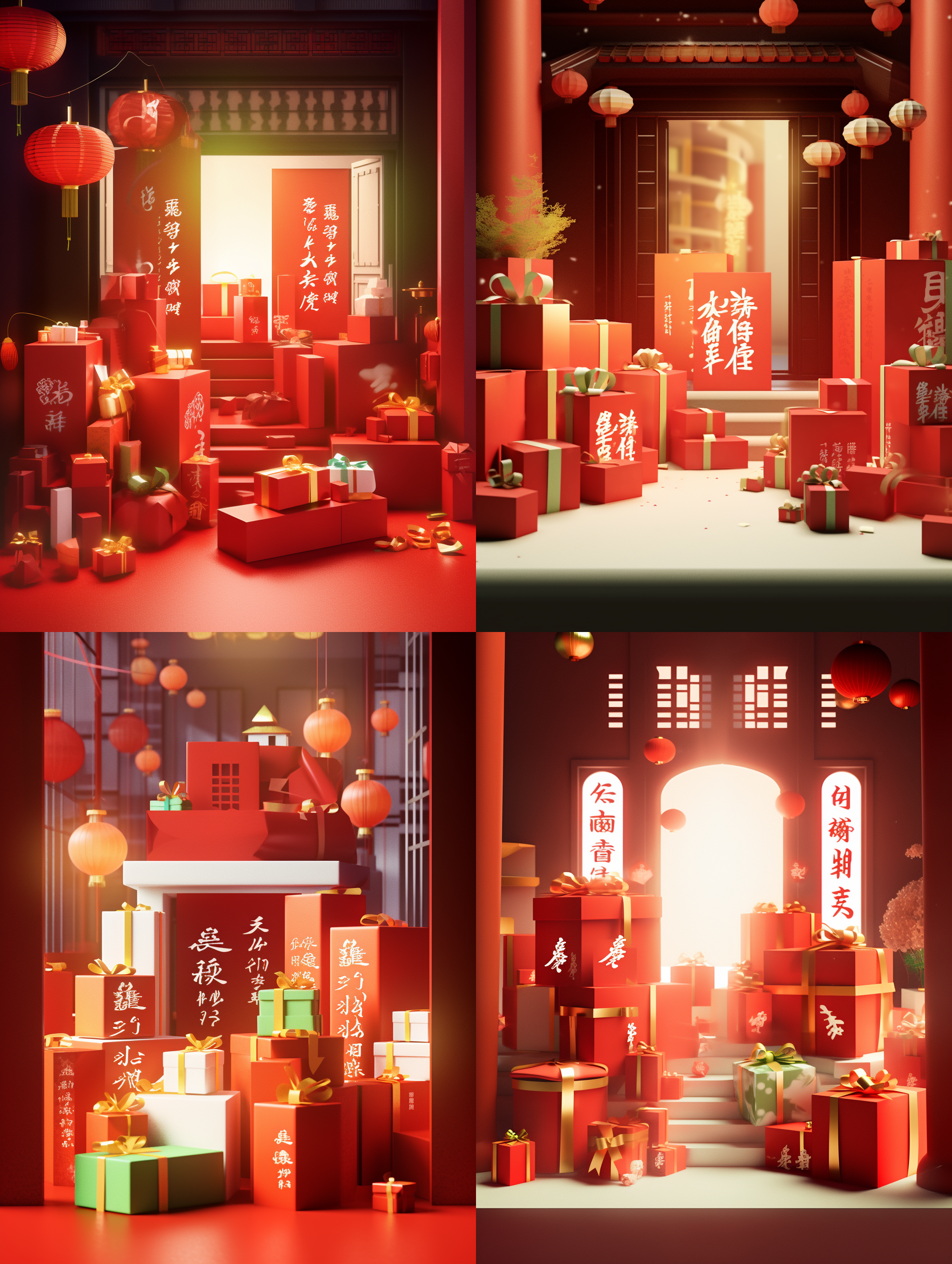 新年礼盒堆积在门口，对角线布局，明亮的室内环境，鲜艳的色彩，广角镜头，柔和的光线，静态，丰富多样的礼物，喜悦和期待。
