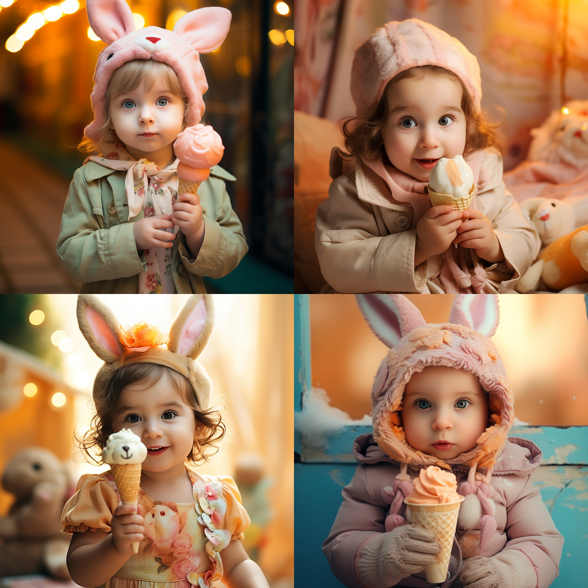可爱兔年宝宝女孩子，大大眼睛，呆萌表情，认真吃雪糕。明亮环境，柔和光线，正面特写，高清晰度，饱和色彩，温暖色调，细节丰富，俏皮动作，快门速度适中，童真快乐。