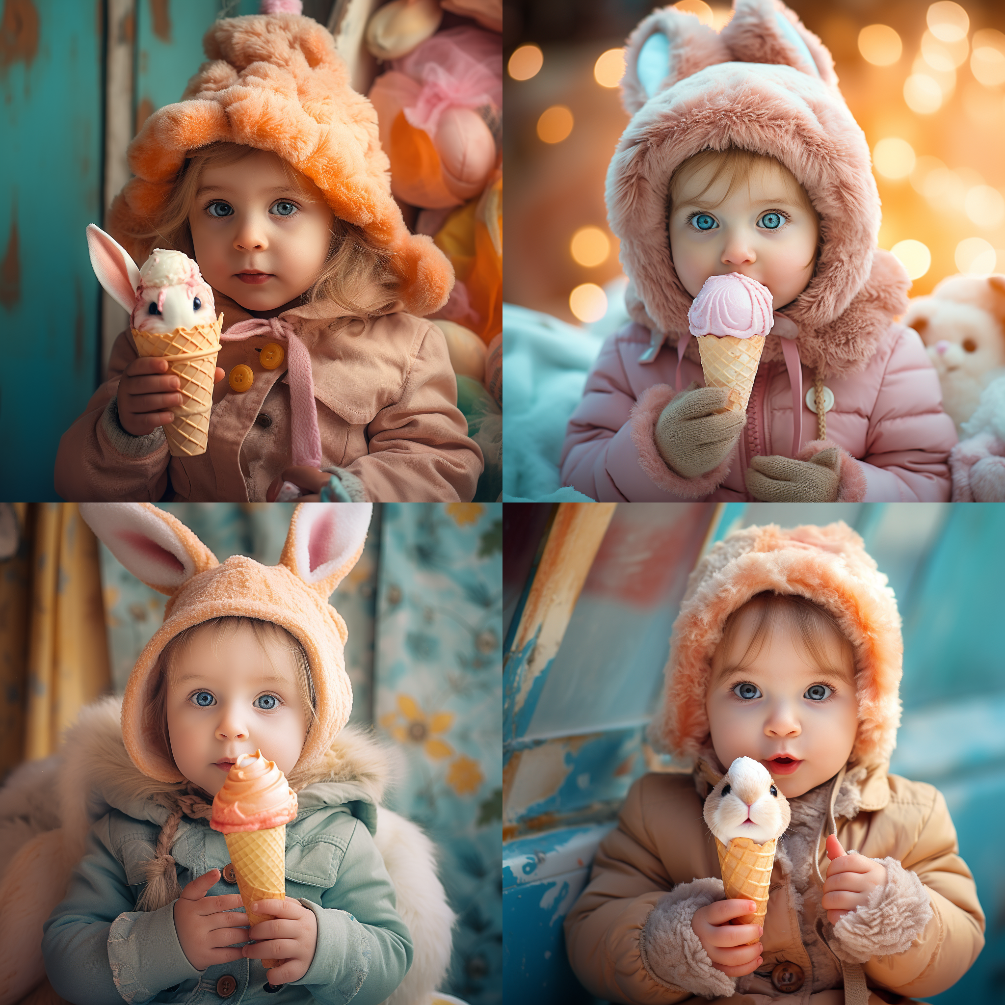 可爱兔年宝宝女孩子，大大眼睛，呆萌表情，认真吃雪糕。明亮环境，柔和光线，正面特写，高清晰度，饱和色彩，温暖色调，细节丰富，俏皮动作，快门速度适中，童真快乐。