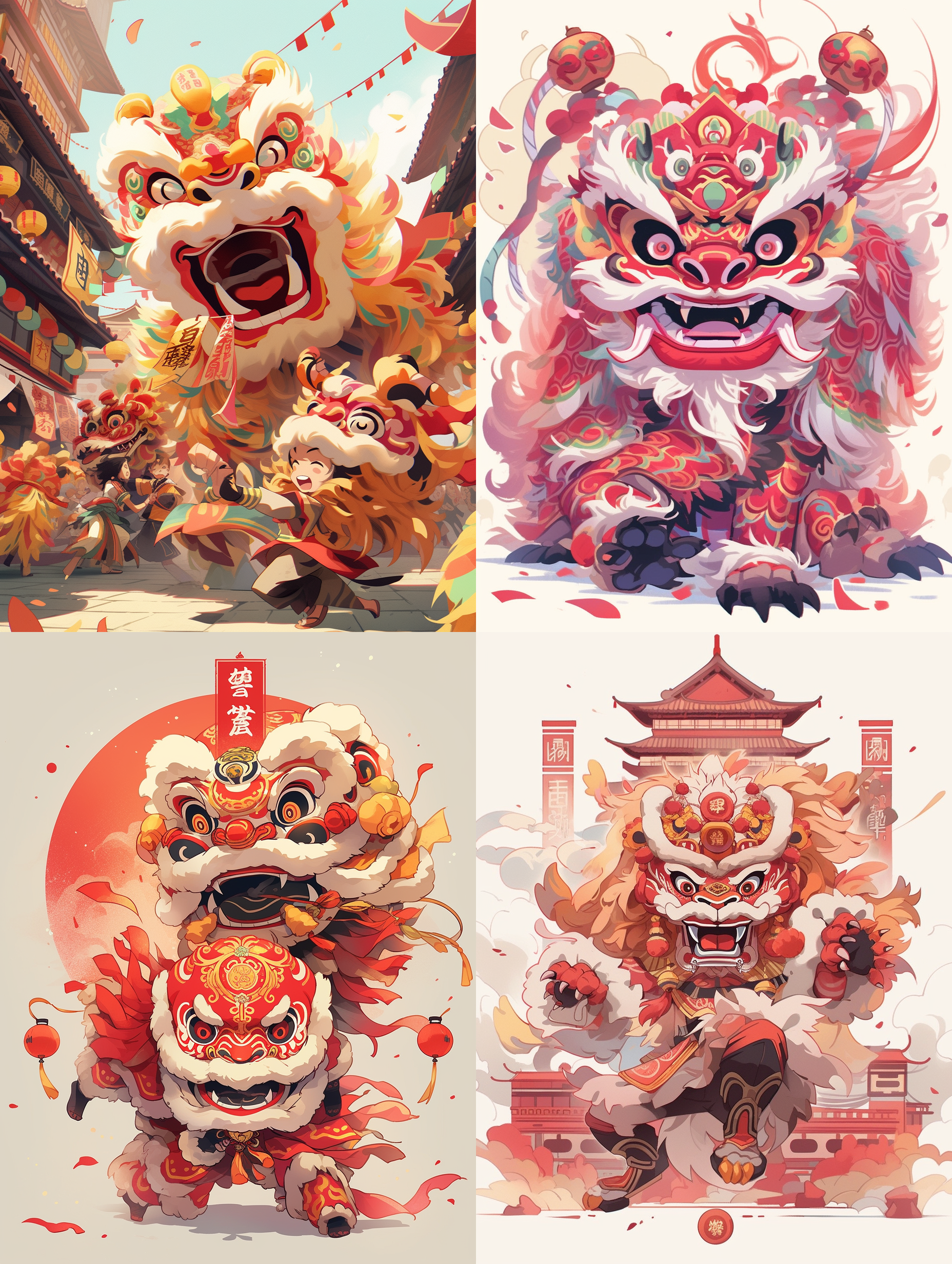 中国风舞狮在广场上，多色，背景纯色，动态优美，活泼可爱，动漫风格