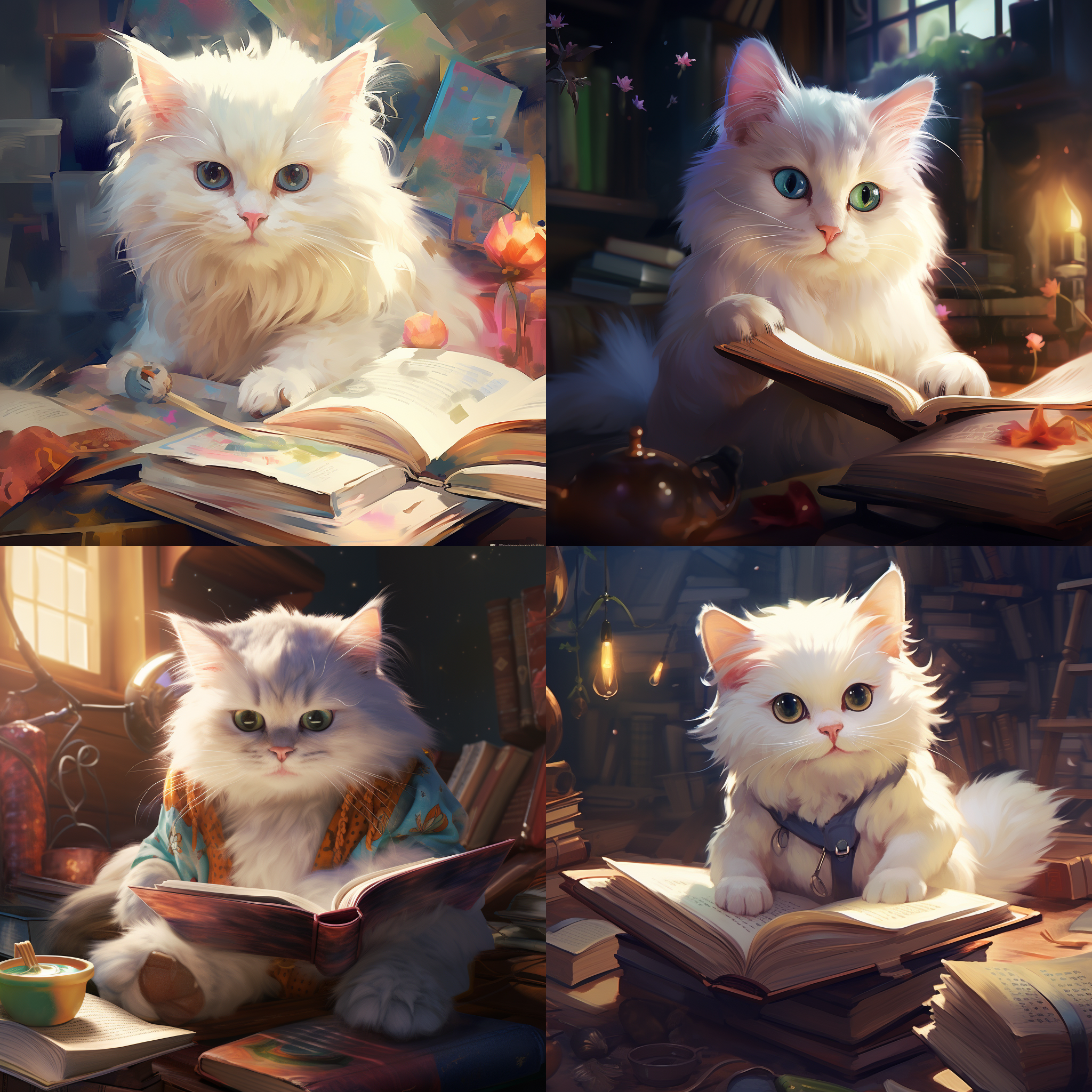 白米努特猫在图书馆认真阅读，彩色照片，虚拟人物画，萌萌的。安静的环境，明亮的灯光，镜头拉近，细节清晰，表情专注，色彩鲜艳，温暖的氛围，轻柔的笔触，传递知识和亲切感。