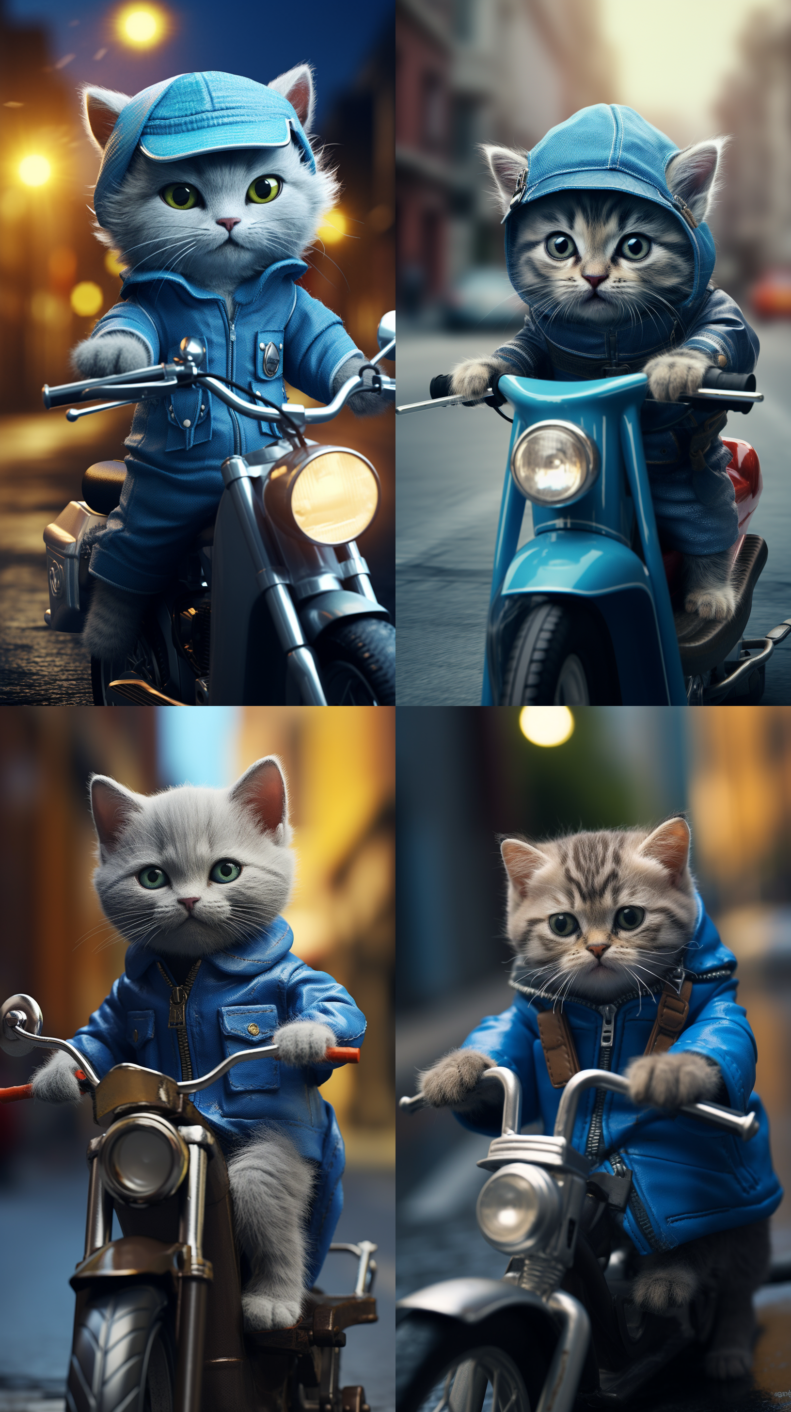 这只小猫咪宝宝是外卖工人，穿着蓝色的外卖服装，骑着外卖单车行驶在繁华马路上，拟人化，照片真实，经典构图，杰作，精美色彩纠正，惊人的视觉效果，疯狂细节，复杂的细节，锐利的焦点，高清，8k，