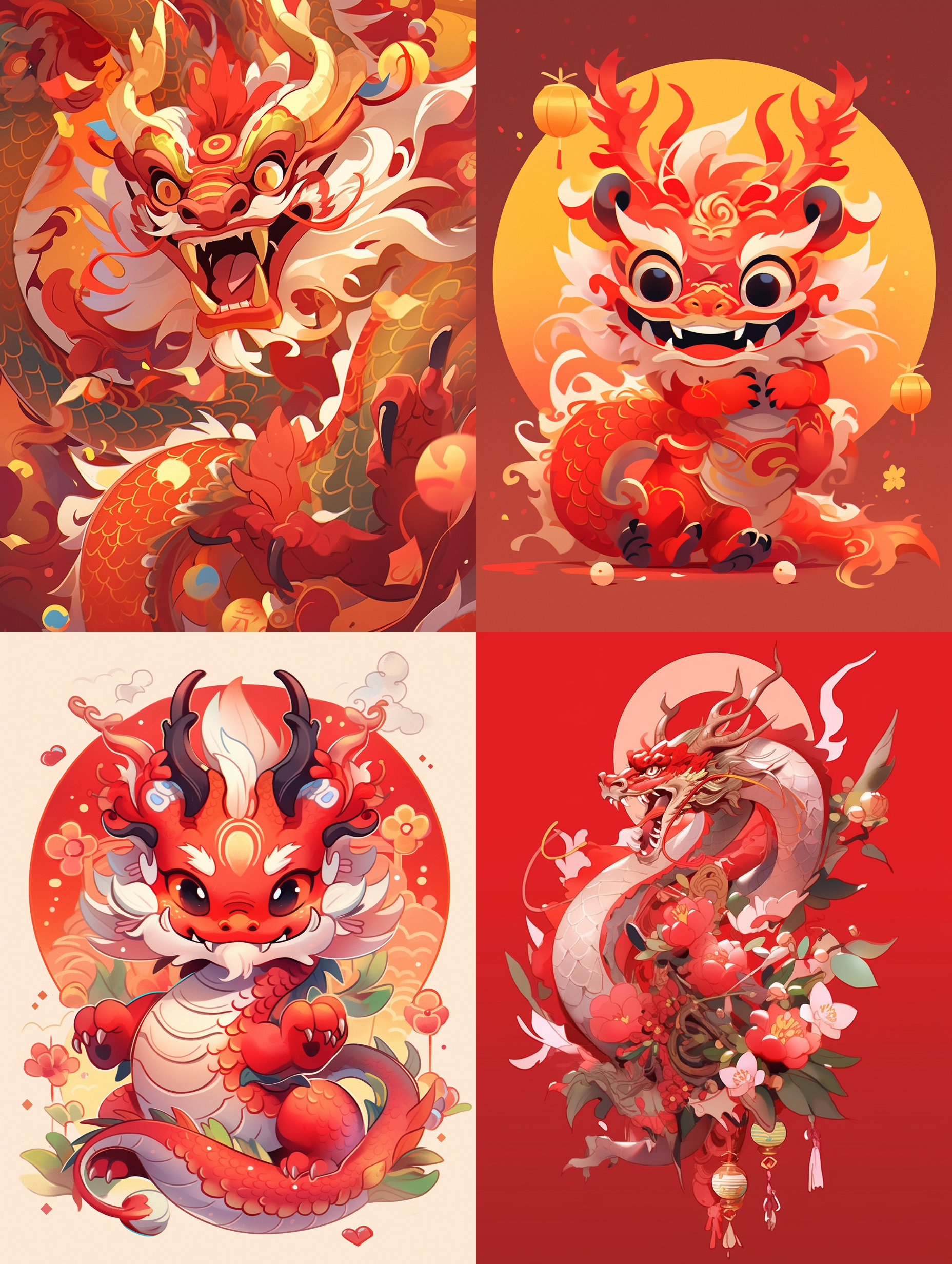 中国风小龙，可爱摆pose，红色背景，传统元素装饰，宽广的构图，明亮而柔和的光线，细节丰富，眼神友善，龙的爪子摆出v型，喜庆的颜色，欢乐的氛围。
