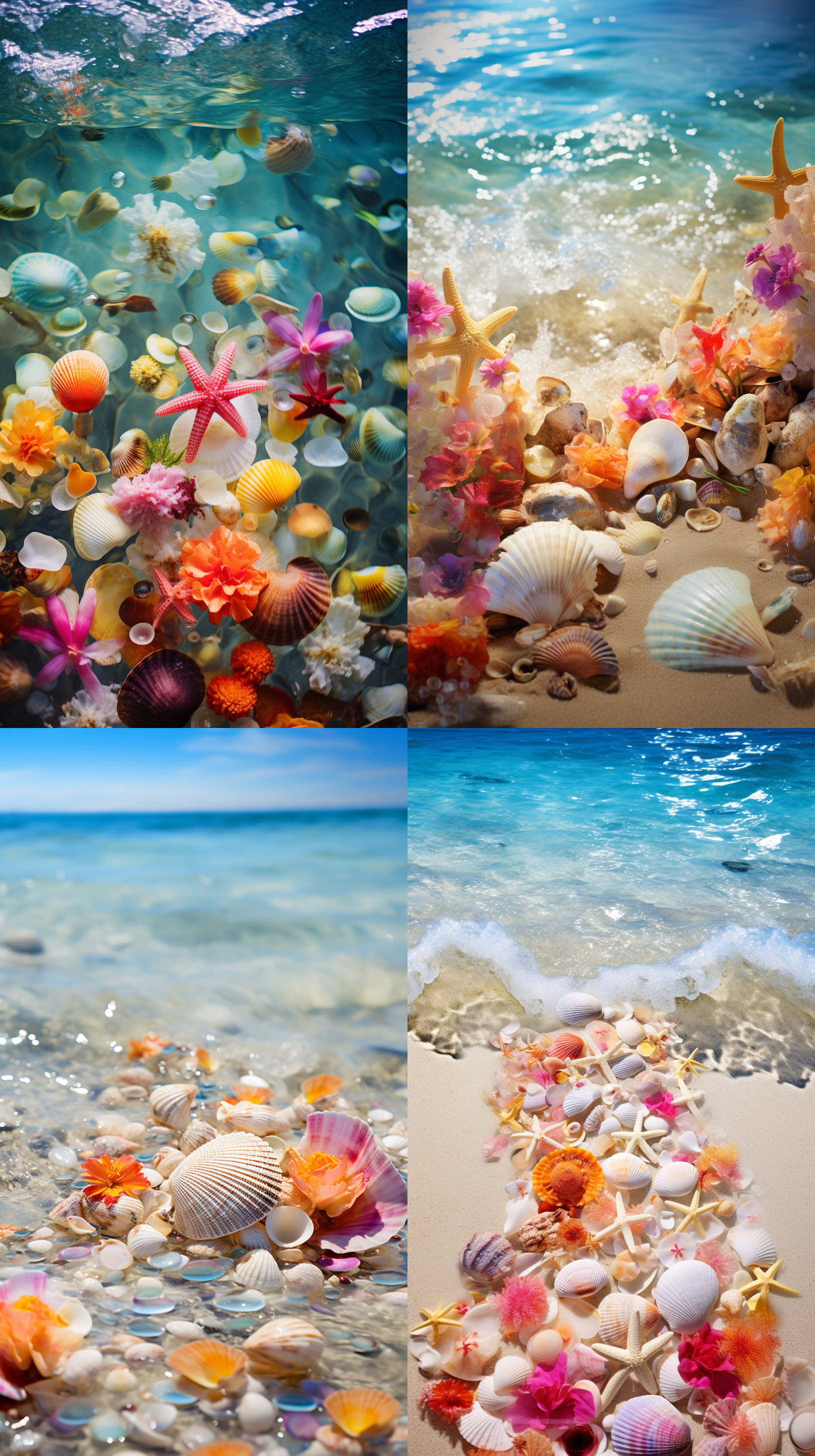 大海清澈，海边五颜六色的花，贝壳、玛瑙、鹅卵石和玉石点缀其中。水平布局，广角镜头，明亮照明，平静情绪，鲜艳色彩，自然元素，反射效果，细节丰富，清新。