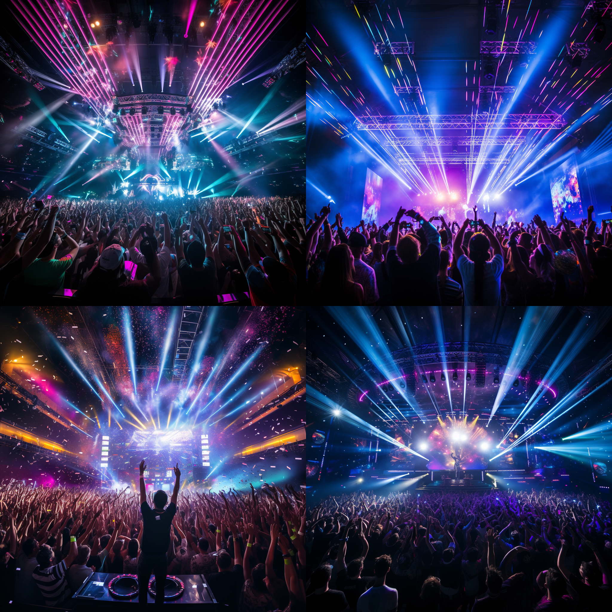 电音节效果图, 舞台中央，巨大的led屏幕背景，激光灯光照亮整个场地，人群跳跃着，手举着发光棒和气球，舞台上dj高举双臂，音乐声震撼着每个人的心灵，色彩斑斓的灯光映照出欢乐的氛围，兴奋、动感、欢快。