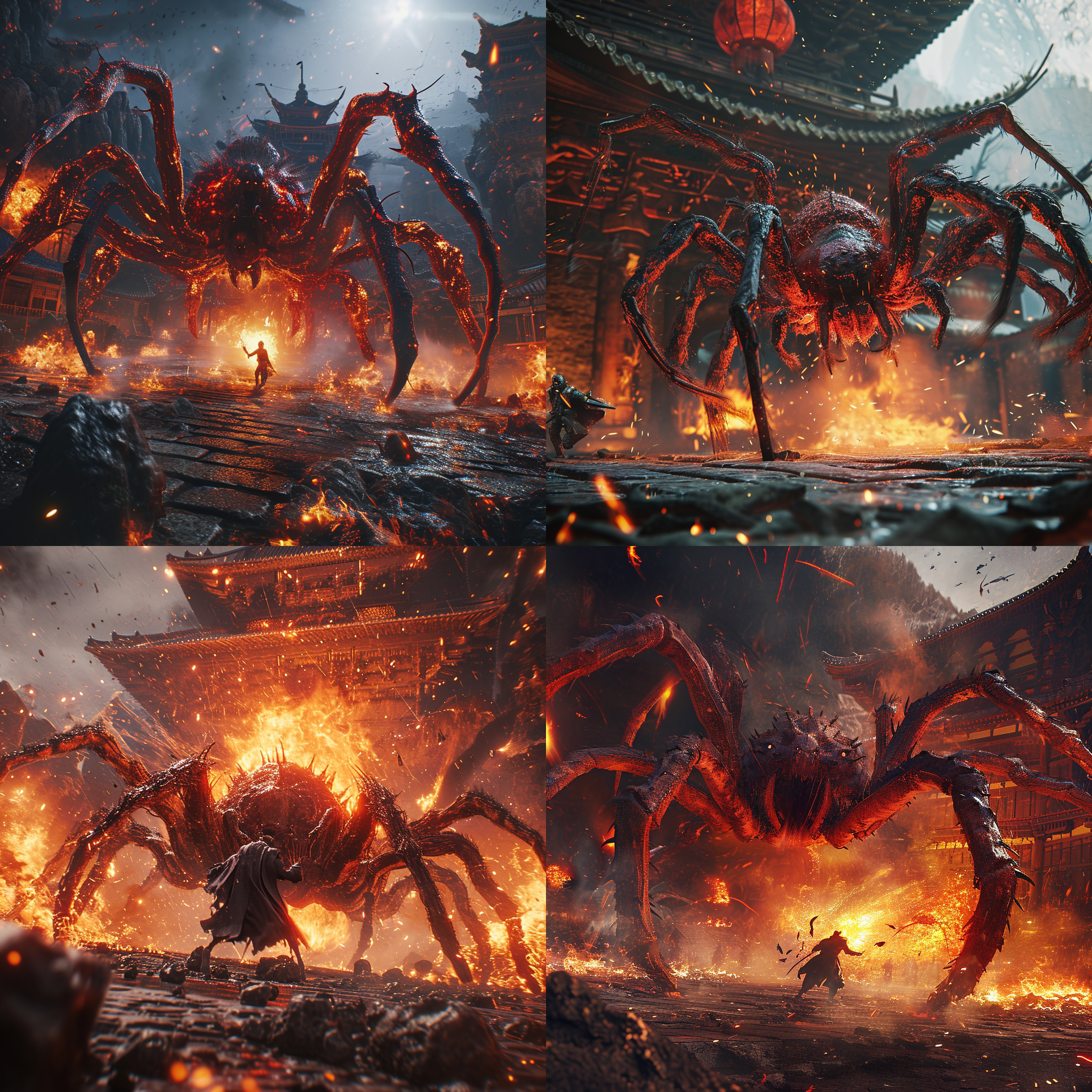 唐三藏大战蜘蛛精，广角视角，超清画质，3d渲染，压迫感，场景宏伟逼真，高对比度，明亮照明，动作激烈，火焰喷涌，震撼色彩，战斗情绪激烈。