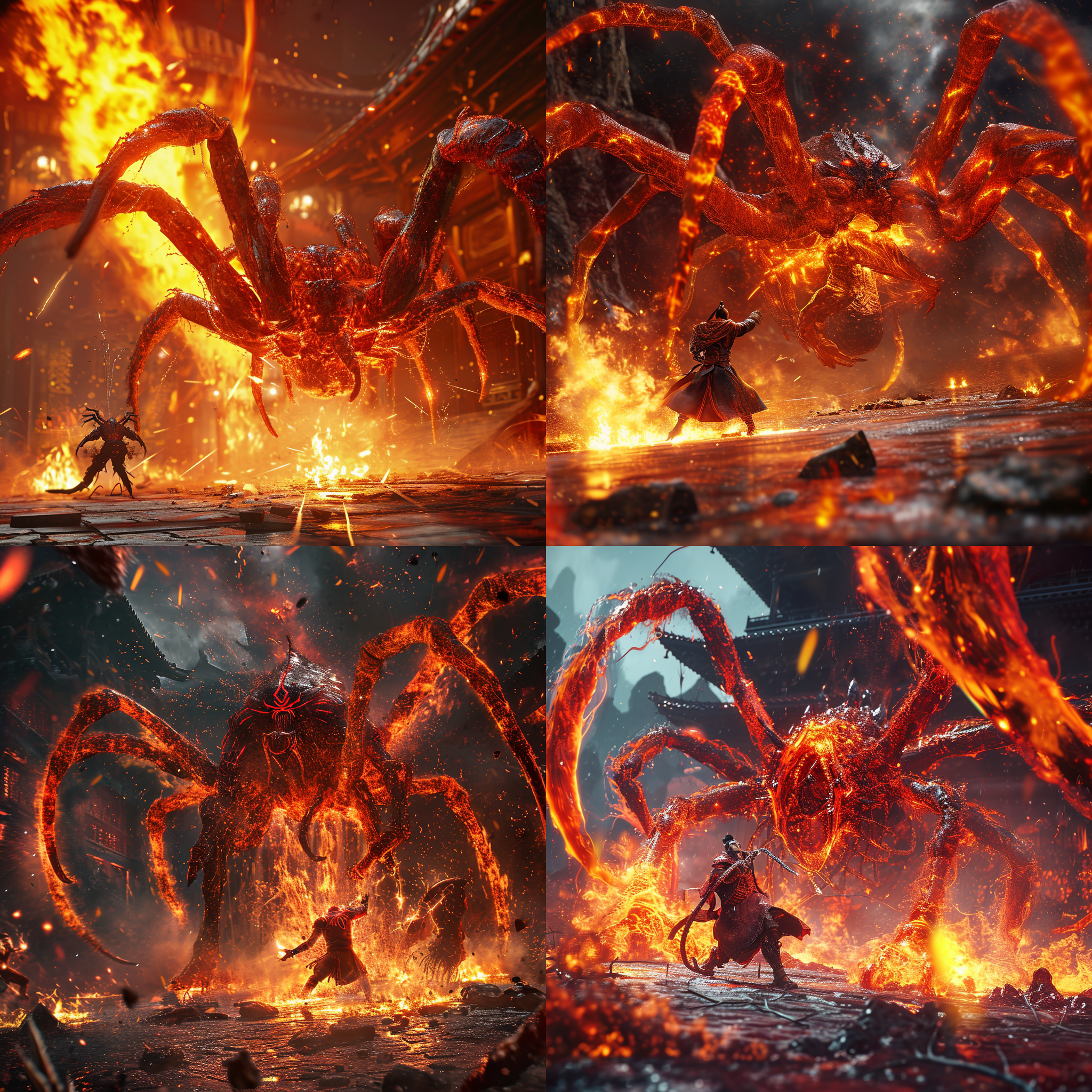 唐三藏大战蜘蛛精，广角视角，超清画质，3d渲染，压迫感，场景宏伟逼真，高对比度，明亮照明，动作激烈，火焰喷涌，震撼色彩，战斗情绪激烈。