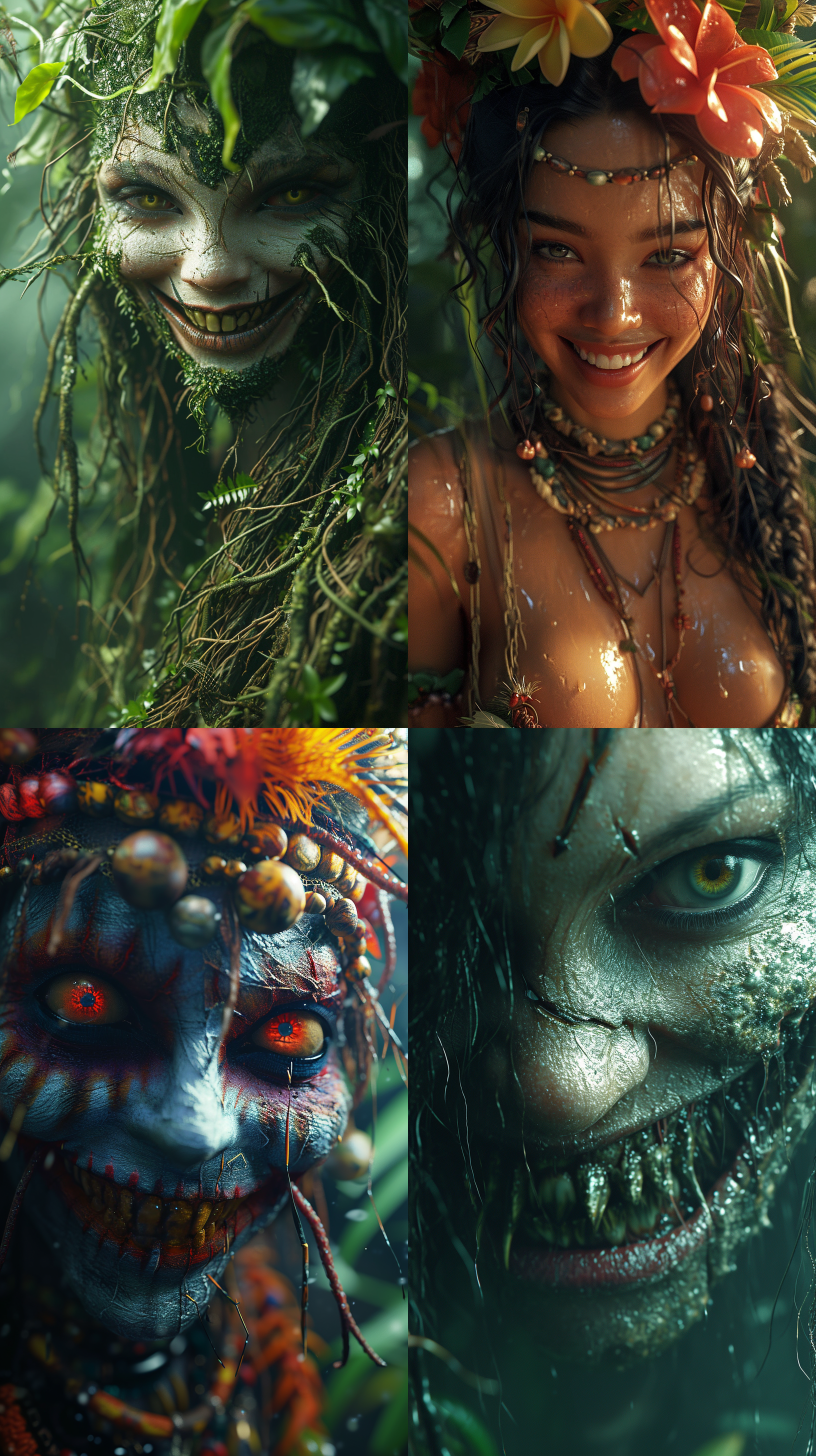 恐怖女人的微笑，非常非常恐怖，恐怖恐怖，高分辨率4k，复杂细节，超级细节，高品质，c4d+oc渲染器+材质+光照+渲染风格。 热带雨林 超现实主义