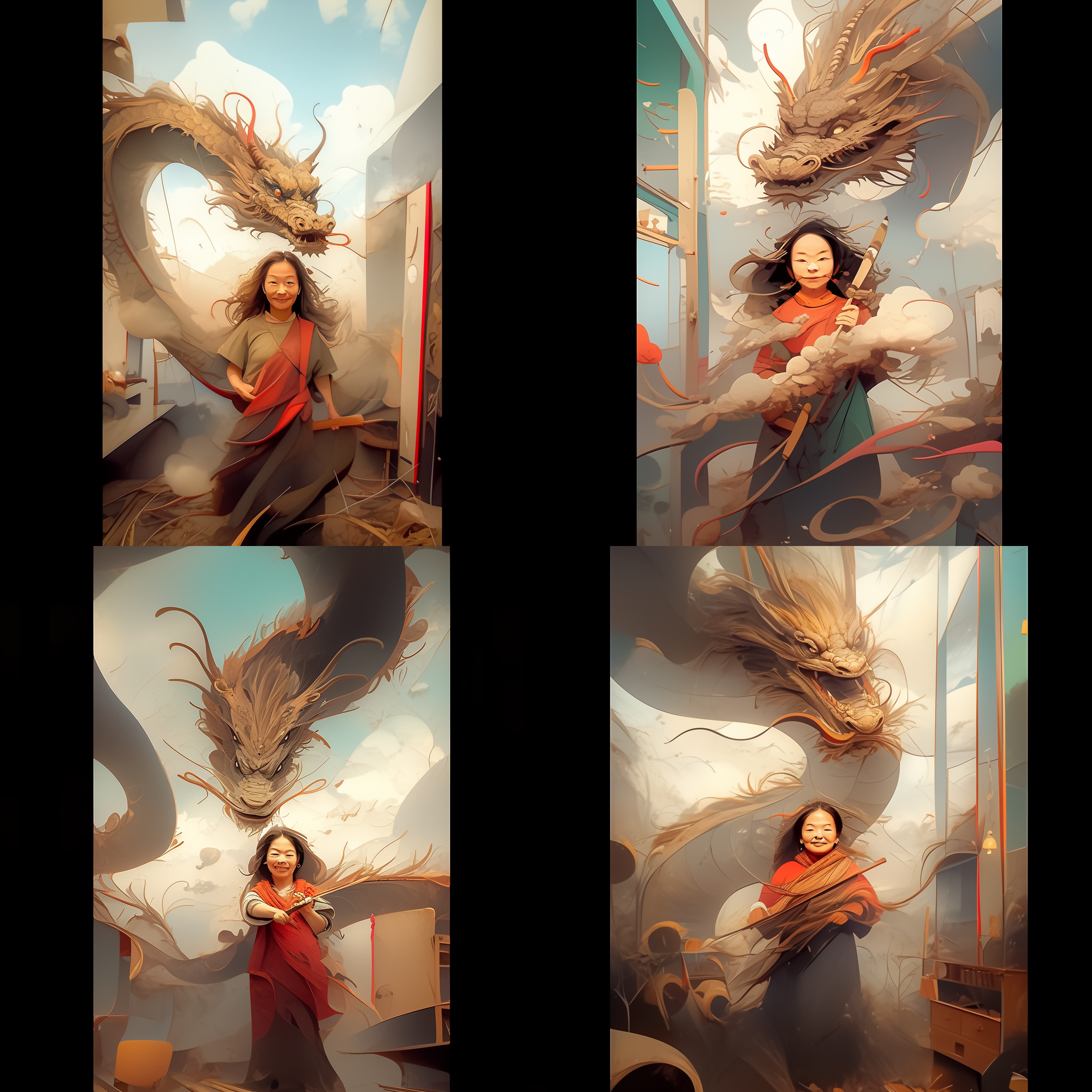 肉夹馍背景中，女人身后隐藏着一条巨龙，形成对角线构图。以高饱和度的色彩展现炽热氛围。运用广角镜头突出环境细节，透过侧光凸显轮廓。瞬间捕捉女人跃动的姿态，快门速度极快。悬念与紧张情绪交融。