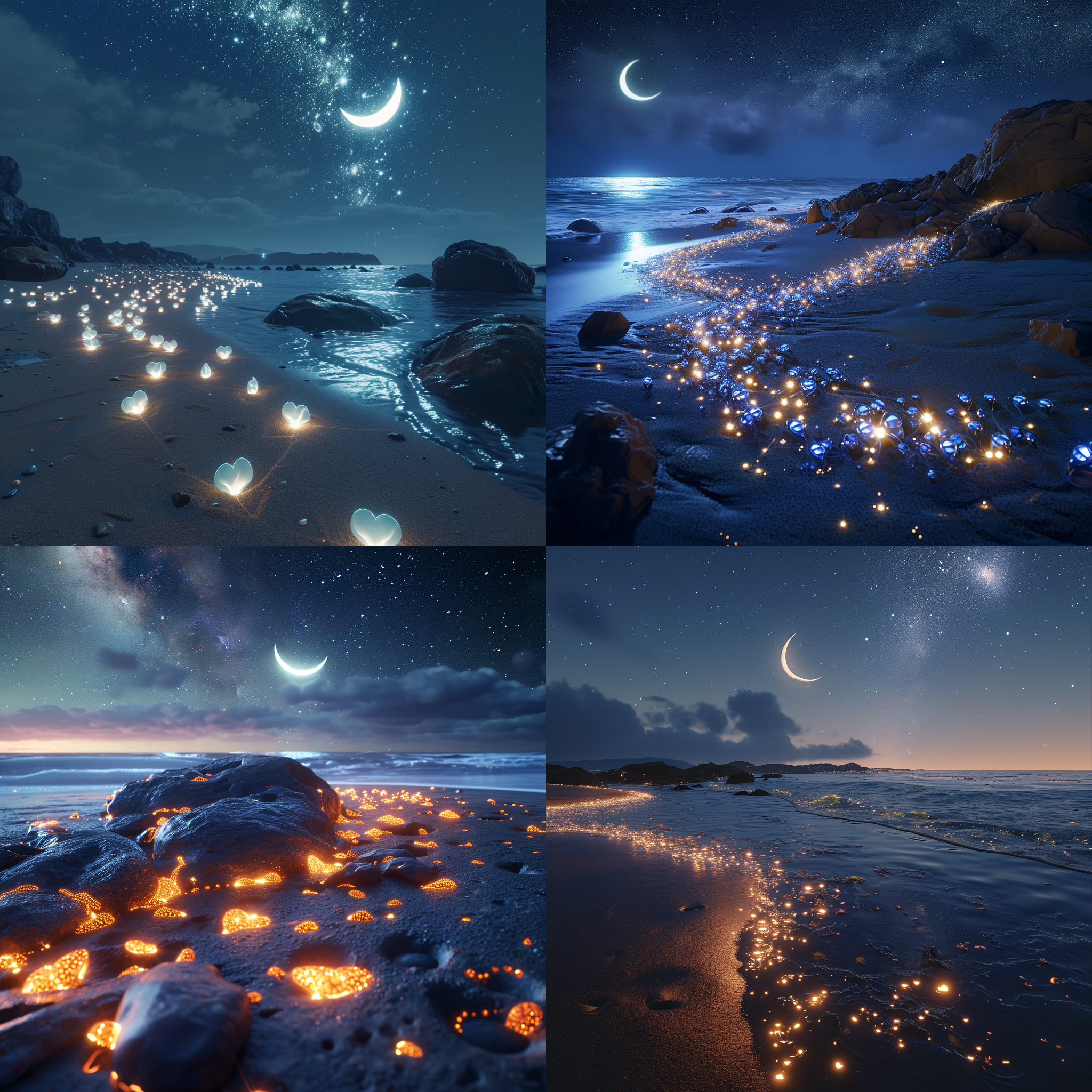 夜晚，银白色新月伴随着银河星光洒落在海滩上，海滩上有许多发光的生物，海滩呈爱心形状，鹅卵石，发光生物，荧光，金色，梦幻般的色彩，超广角光，虚幻引擎，4k高清，高清。
