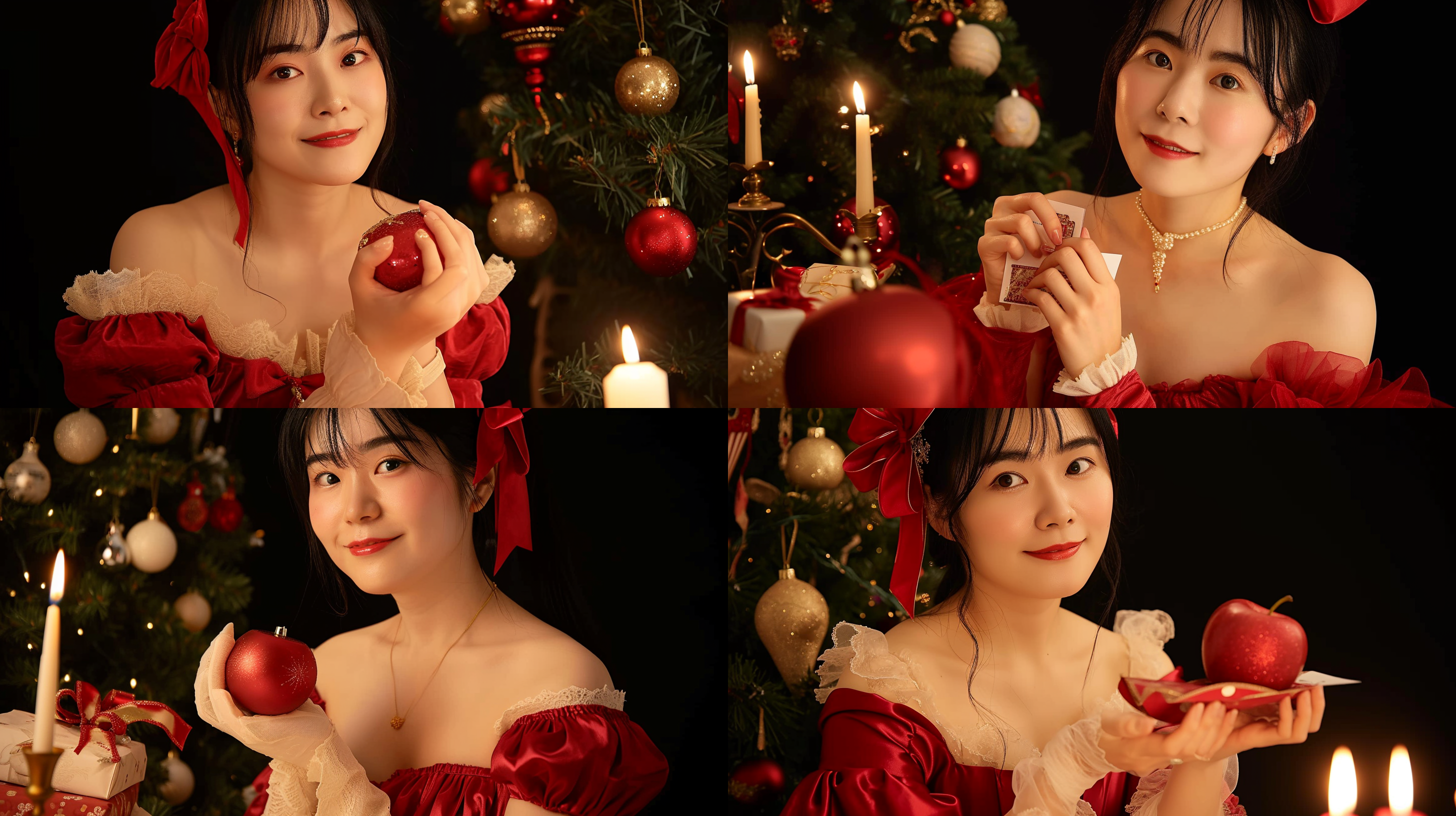 美丽的亚洲女性，戴着红色蝴蝶结，身后是一棵圣诞树。她穿着裙子，手上拿着礼物和圣诞卡片，笑容灿烂，放松自在。这张照片采用高质量的数码单反相机拍摄，布局符合三分法，背景是温暖柔和的蜡烛光。