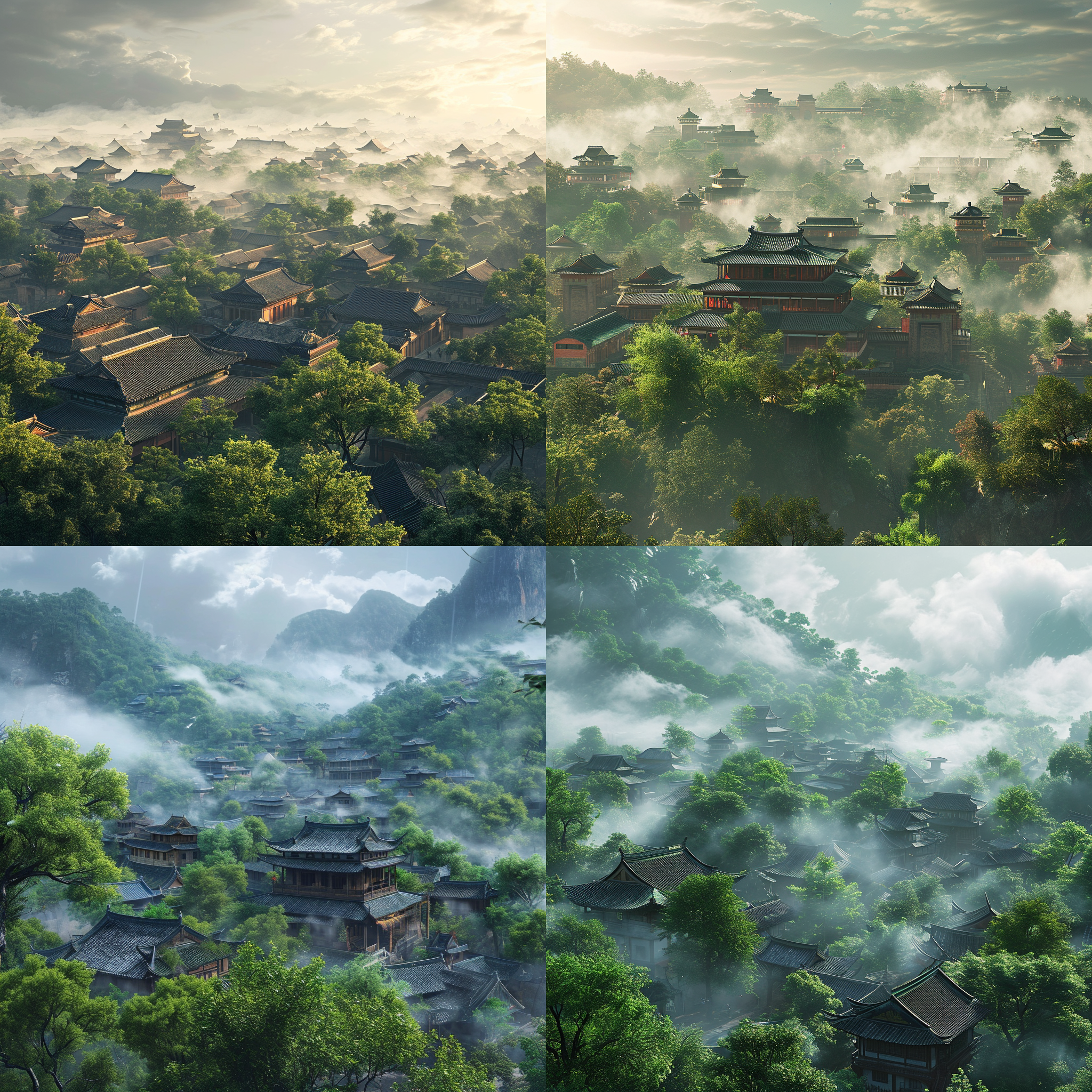 中国古代的超逼真cg渲染图，古老的房屋，绿树成荫，云彩缭绕，艺术站热门作品，9:16的纵向画面比例，100%真实还原。