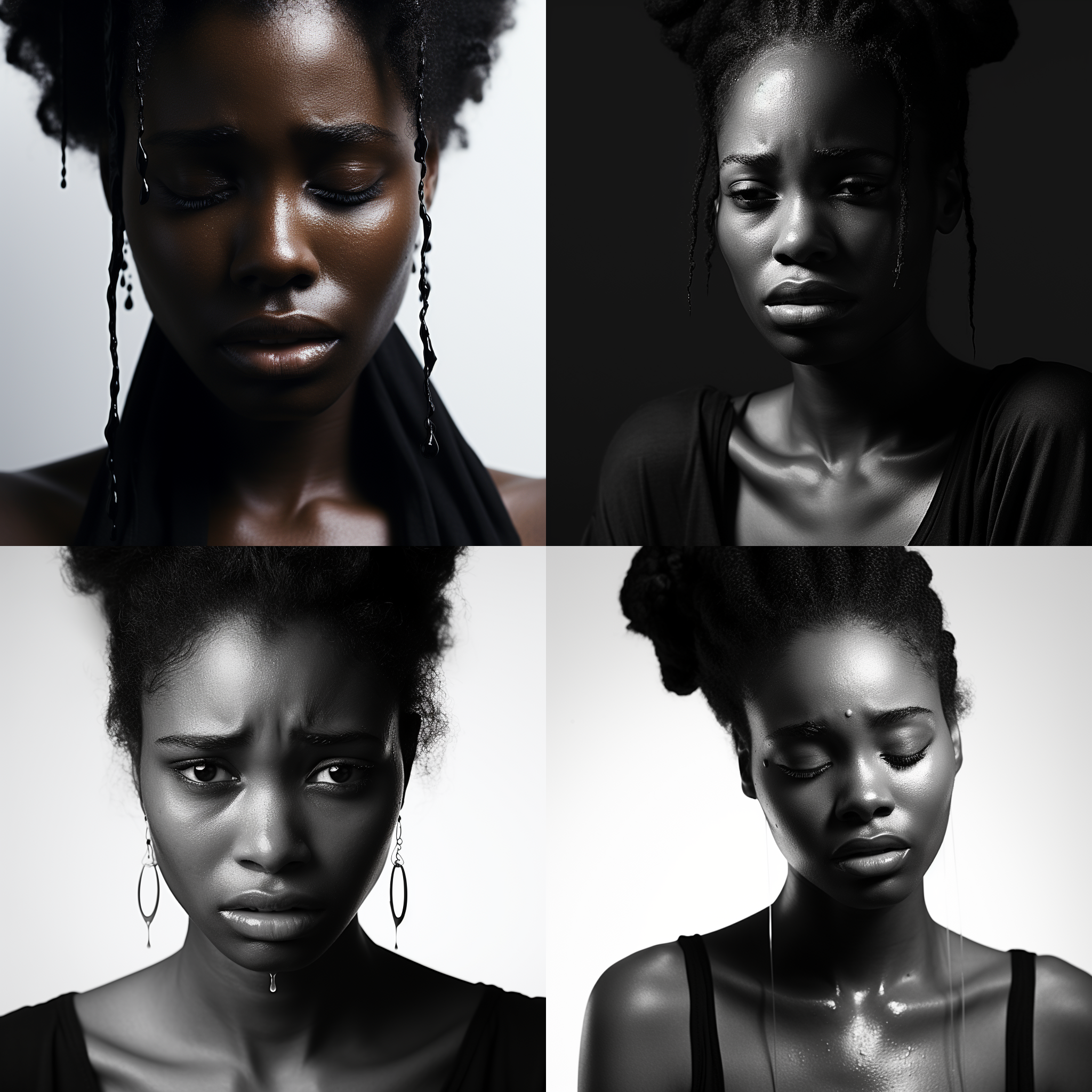 美丽非洲女孩流泪，五官精致，明星脸，纯净白背景，柔和光线，长焦镜头，高清晰度，细腻情感表达，泪水滑落，悲伤，忧郁，黑白摄影风格，明暗对比强烈。