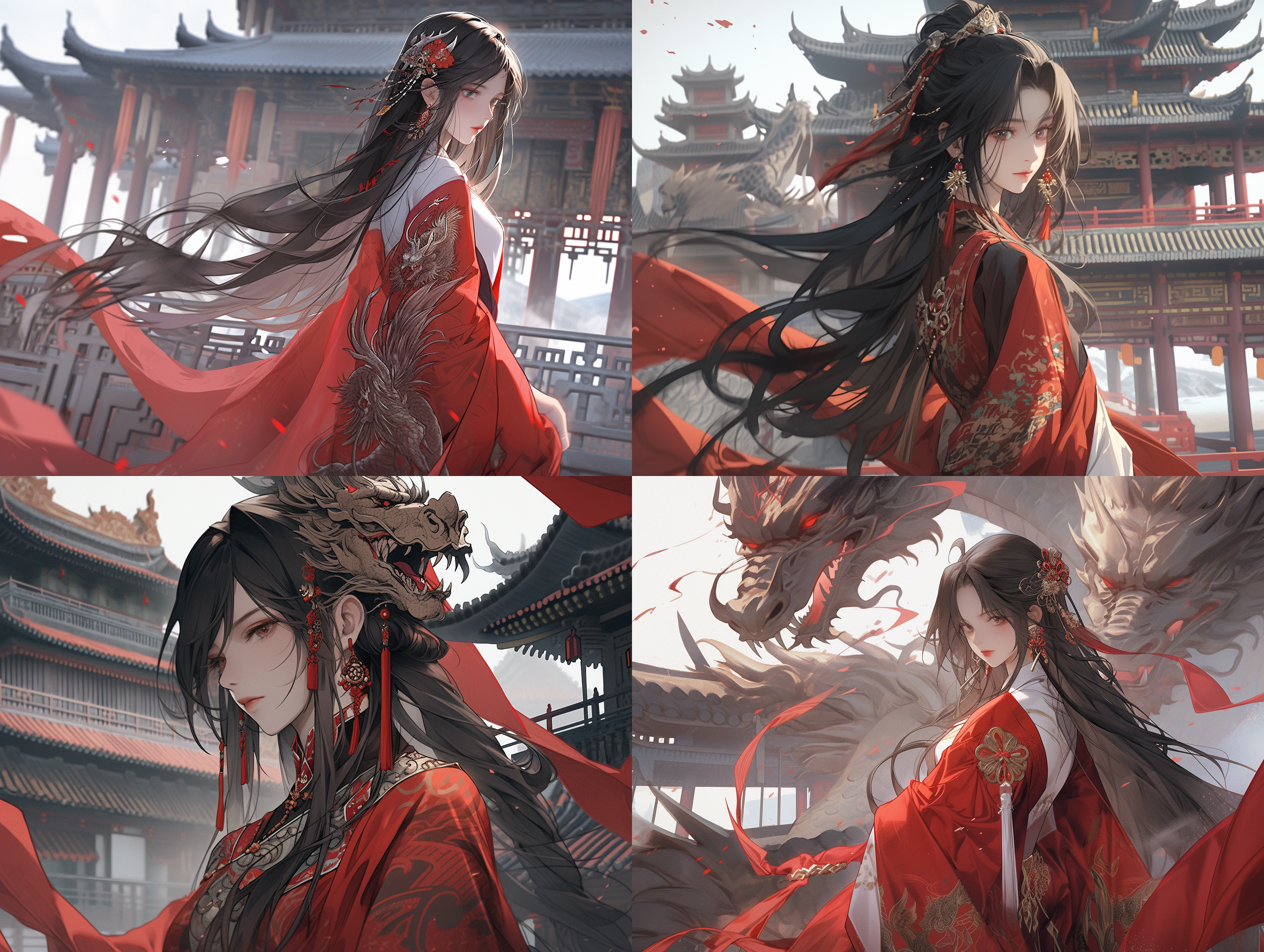 女子端庄美丽，高冷表情，穿着中国风服装，黑色长发披肩，红色衣服上绣着中国龙图案，站在皇宫前。