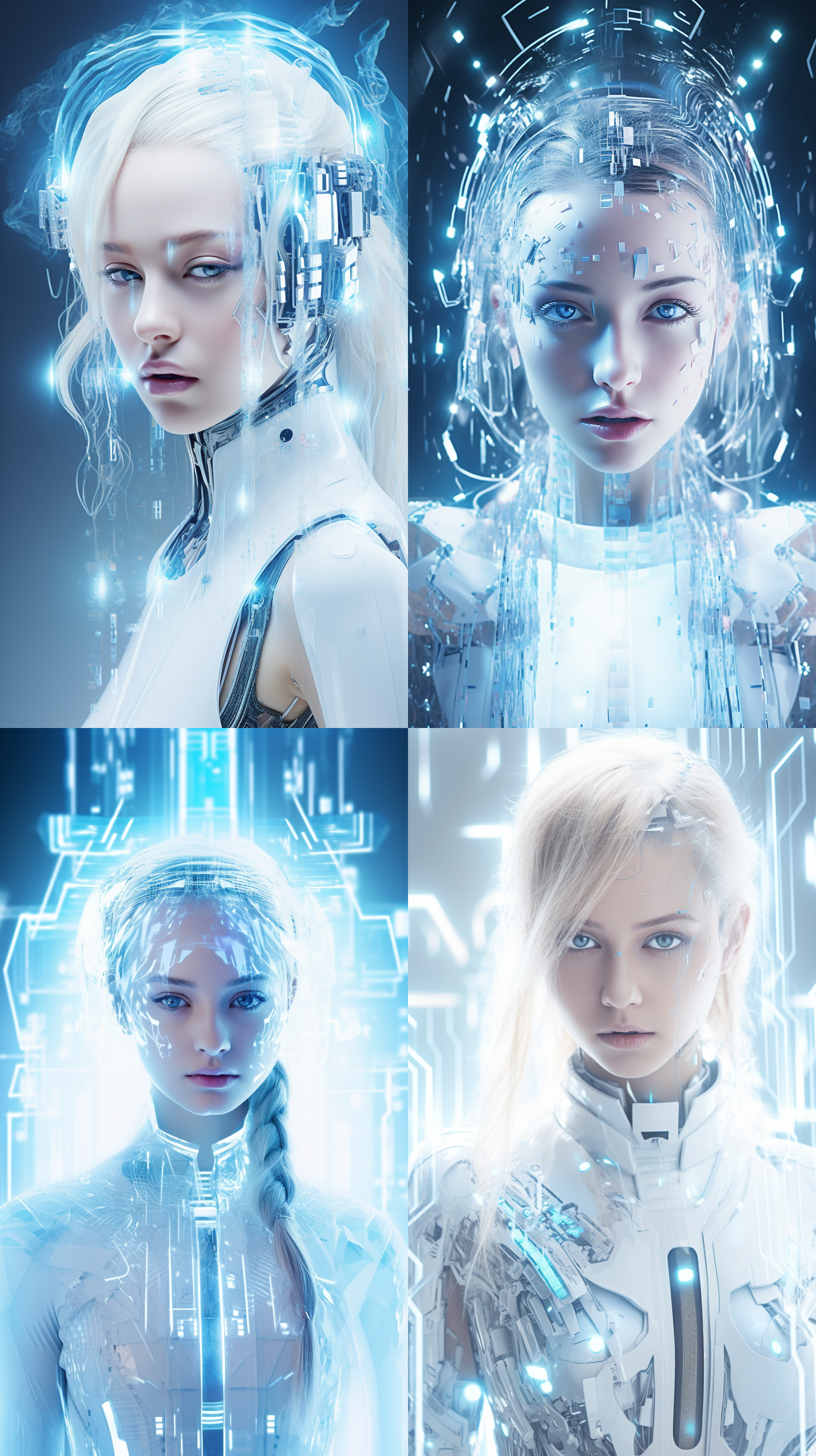 创意未来，科技感光效女人，侧面脸，线条背景 赛博迪利克 霓虹风格 创风格 赛博空间 超广角 玻璃 全息 电影灯光 氛围感照明 新未来主义 移动界面 信息图表 异色瞳 湿发 俯视 白 俯视 白