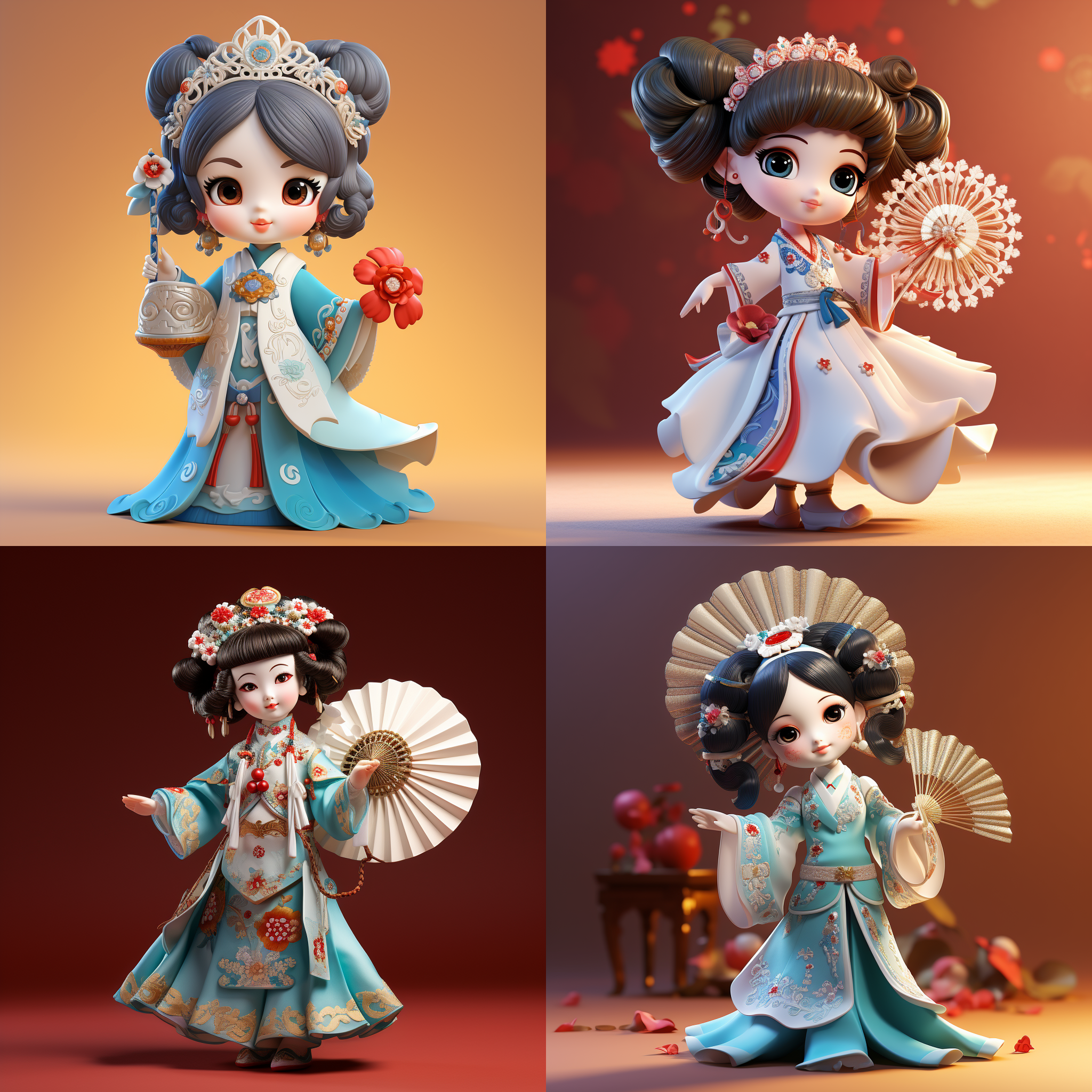 超可爱的中国小女孩，全身照，京剧扮相，穿着带有京剧元素的服装，手持折扇，干净的背景，盲盒娃娃，波普玛特，非物质文化遗产，舞台，基于物理的渲染，中国服装设计，中国文化，戏剧主题，传统文化，c4d，3d，迷人的角色插图，8k，最佳画质，超详细的blender，oc渲染，工作室灯光，超清晰。