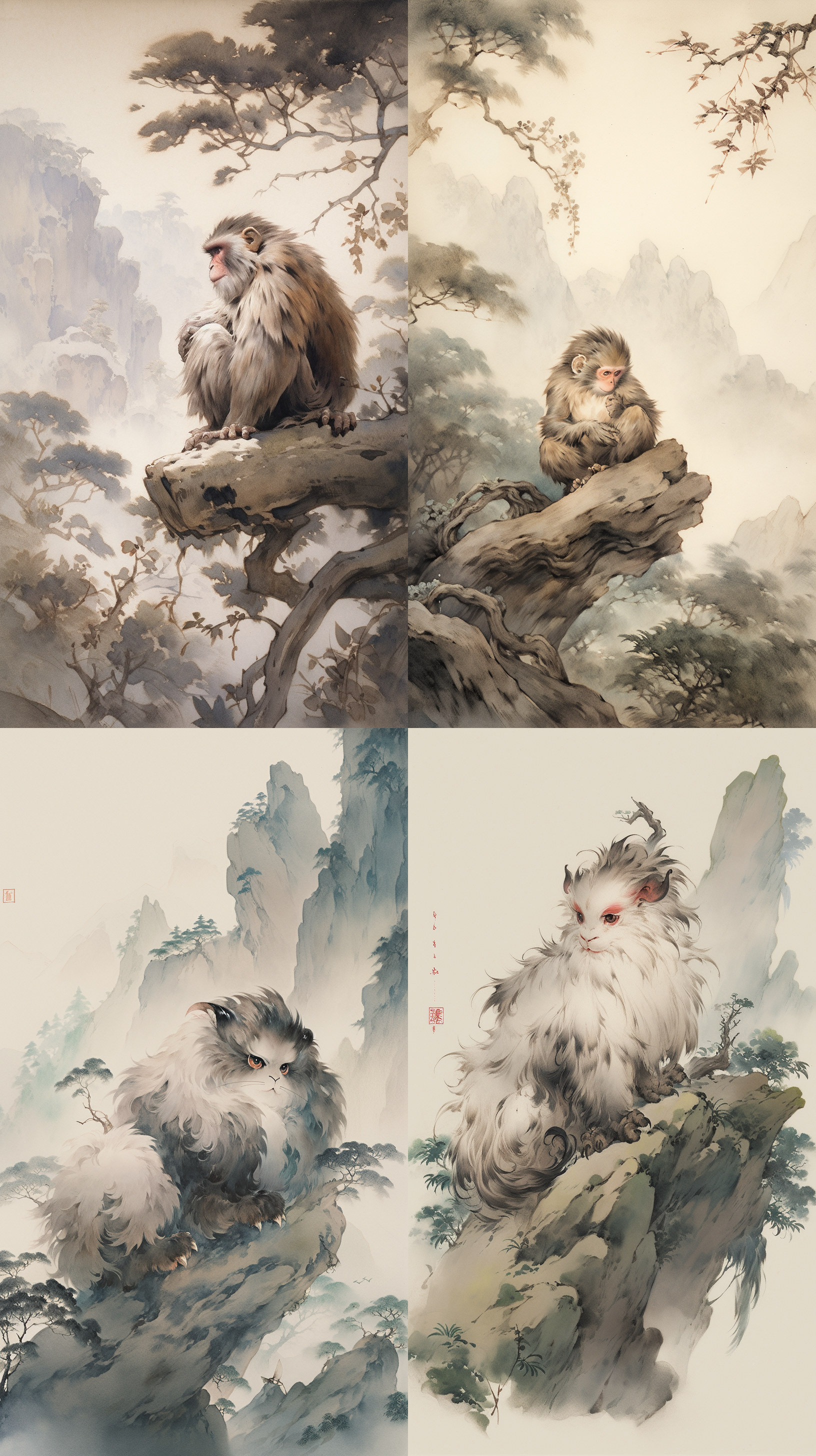 中国山海经画风，山中有一种野兽，长得像猕猴，但耳朵是白色的，趴着身子走路，还能像人一样直立行走，它的名字叫狌狌 热带雨林主义风格，细节精致，色彩鲜艳。用广角镜头捕捉到狌狌与热带植被的完美对比。光线柔和而温暖，呈现出神秘而奇幻的氛围。 热带雨林 超现实主义 热带雨林 超现实主义