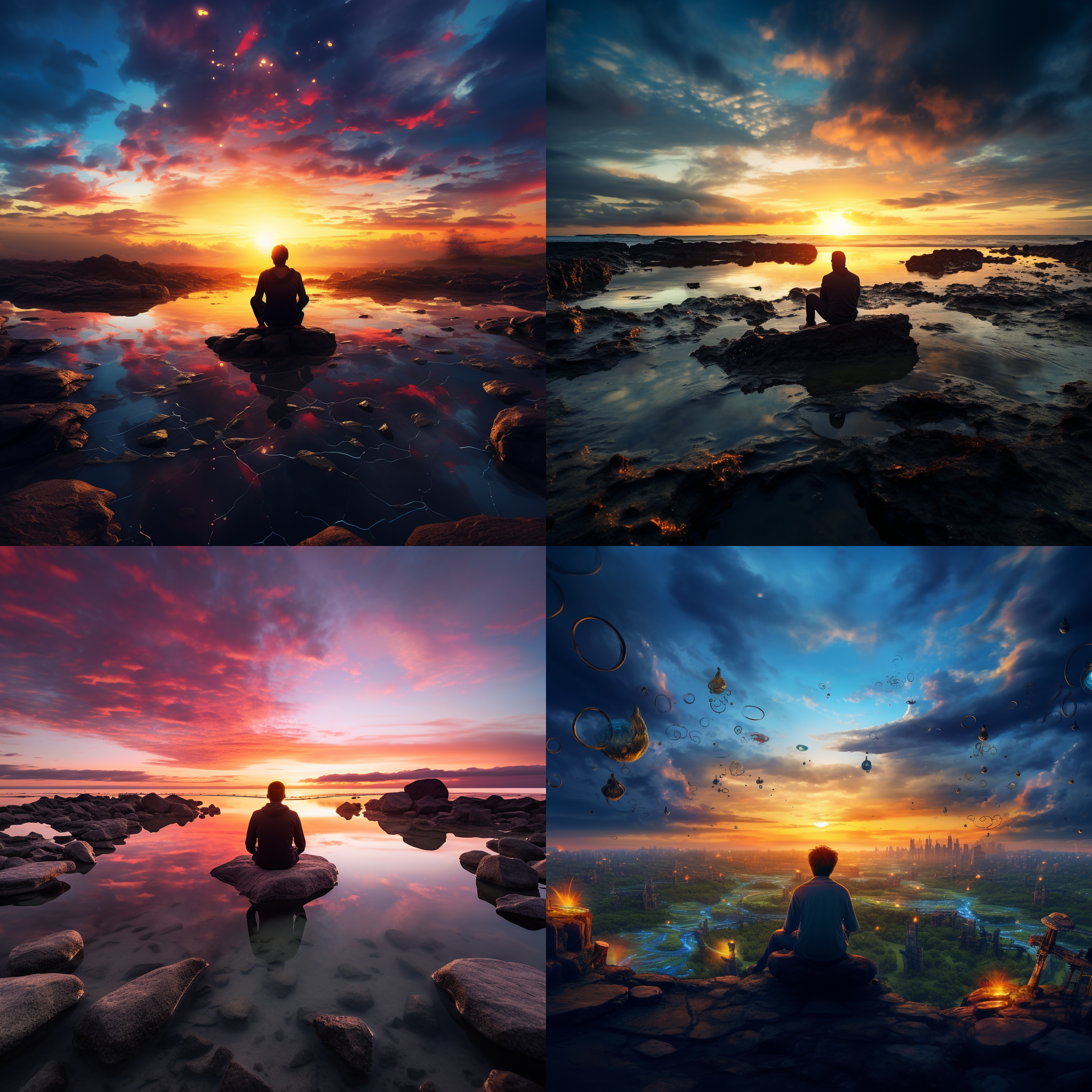 全景，人物微小，明亮色调，朝阳，宽镜头，长曝光，静坐，沉思，创造力。