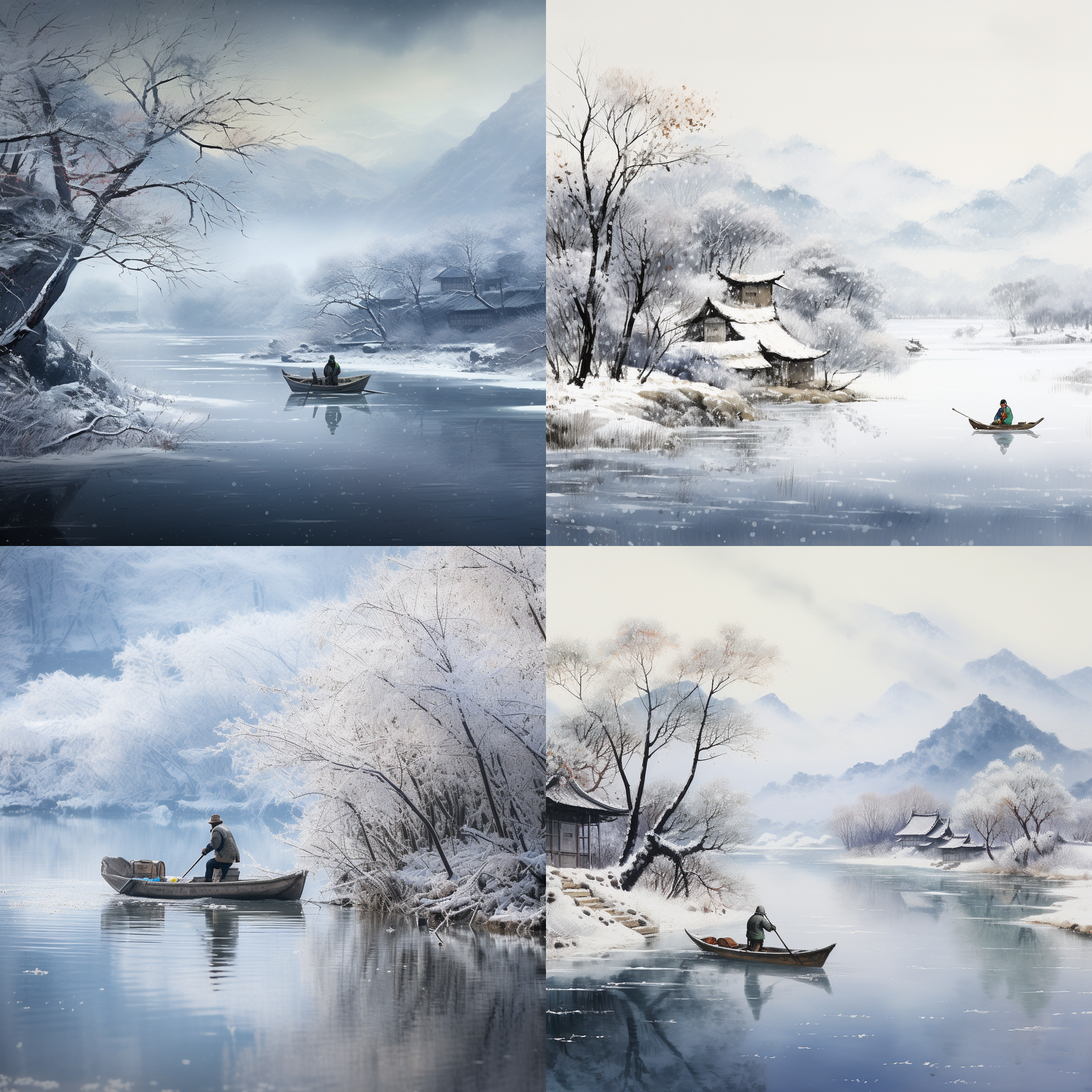 冬天，大雪纷飞。在群山和宽阔的河流上，一个戴着竹帽、穿着麻绳雨衣的渔夫坐在小船上垂钓。远处的村庄，河岸上的枯枝上覆盖着一层白雪。中国风格，高清，9:16宽高比，山水构图，寒冷氛围，广角镜头，自然光，静态，和谐色调，平静。
