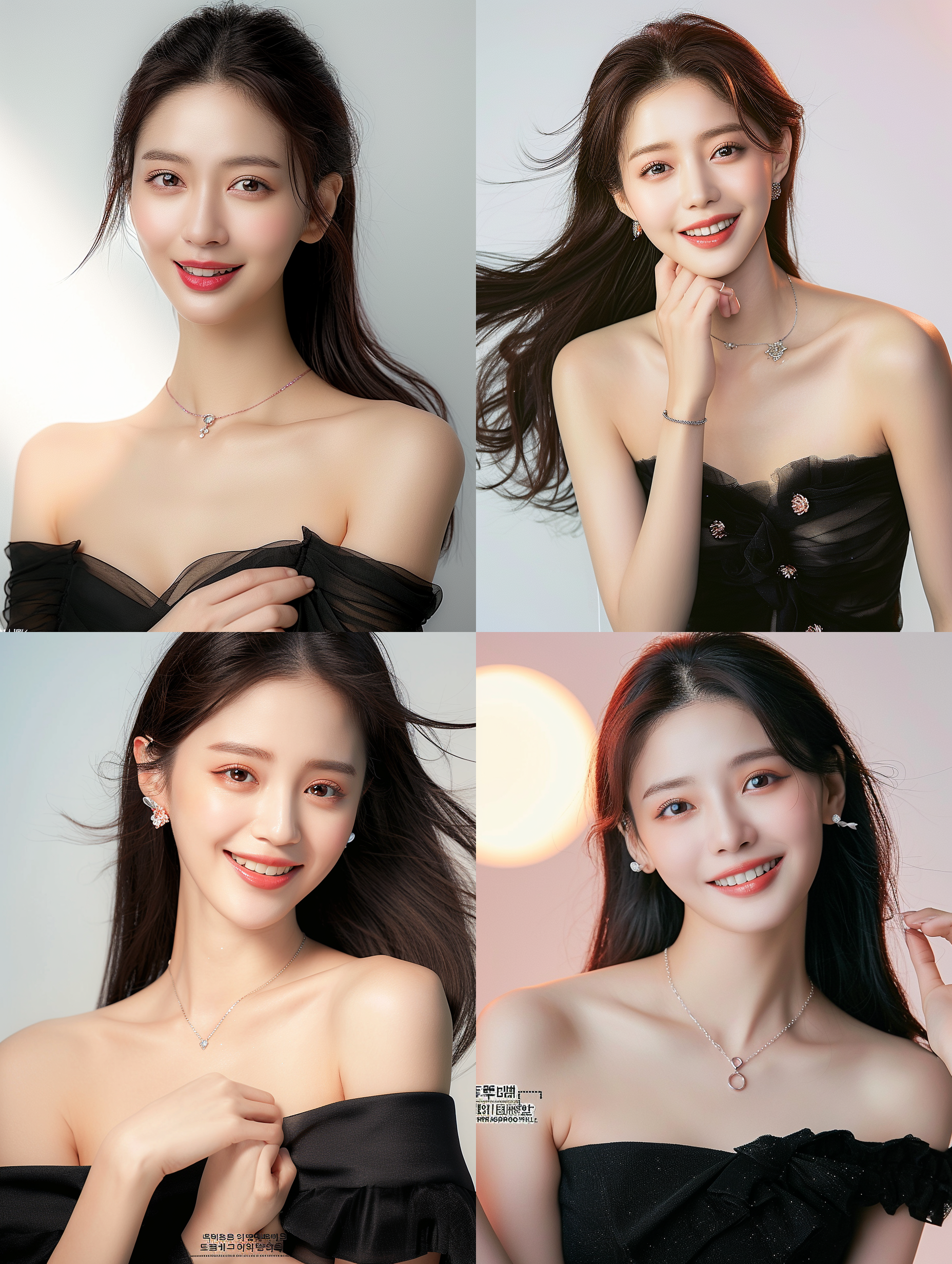 一个美丽留着长发韩国成年女性，笑容灿烂，脸部笑容特写，特写人脸，头发上带着蝴蝶结，非常细致的眼睛和脸，细节照明，真实风格 皮肤白皙，窈窕身材，一袭露肩高叉黑色晚礼服，映衬的肌肤如雪，柔和光线，浅景深，妆容精致，自然光拍摄，自然表情，温暖氛围，高饱和度，喜悦。构图对称平衡，镜头使用长焦，捕捉到她俏皮可爱的表情。自然表情，正面，半身，长镜头，肖像，对称，伦勃朗照明，超现实，8k，超级高分辨率，面对镜头，美丽 特写人脸