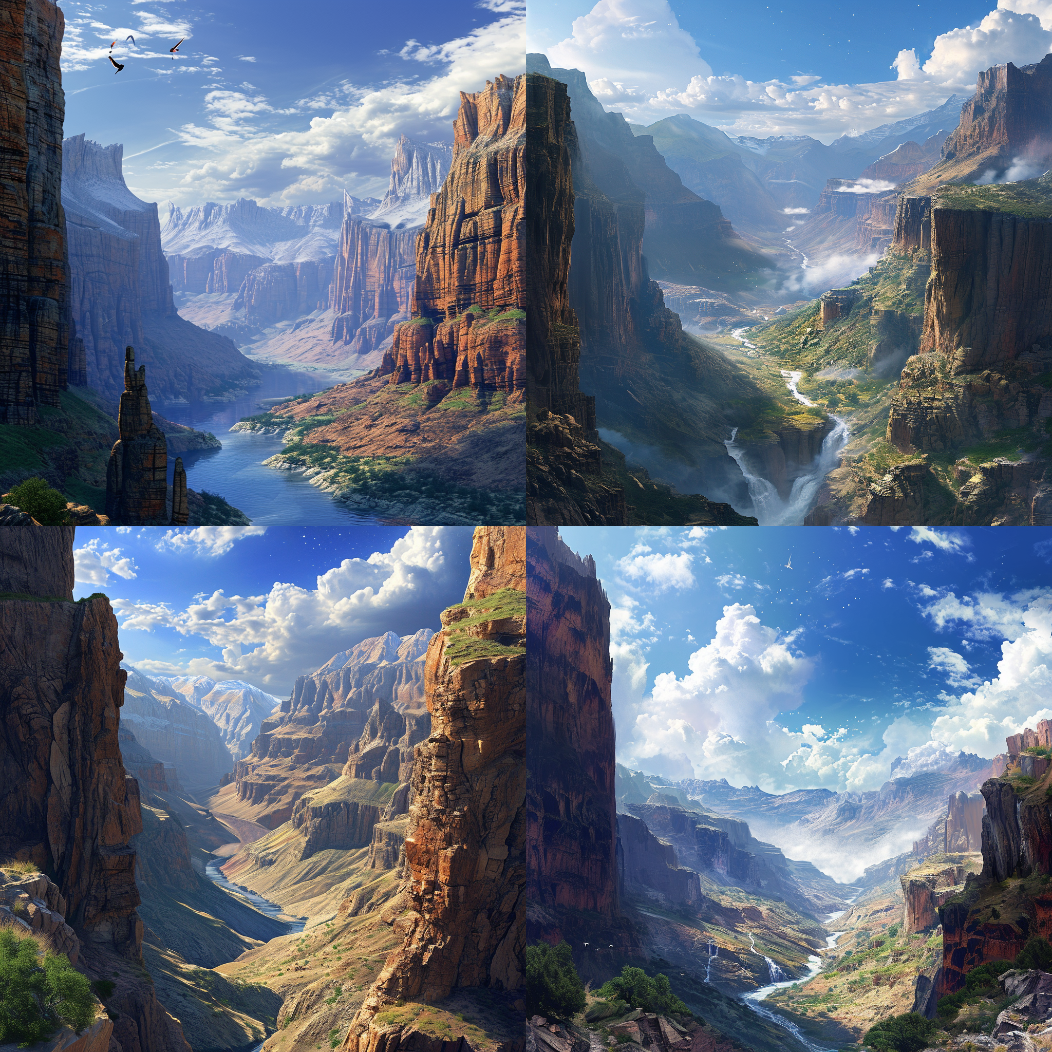 巍峨的峡谷，蓝天白云，山水相映，色彩饱满，浓郁的对比度，细腻的纹理，模糊的远景，微风拂过，引发内心平静与敬畏，远离尘嚣，自然之美令人沉醉，神秘而宏大的氛围。真实感，高细节，宏伟，复杂细节，超广视角，全景摄影，繁星点缀，虚幻引擎，octane渲染器，大气磅礴，光影交错，破败与美丽并存，恢弘的景象，宏伟的山脉。