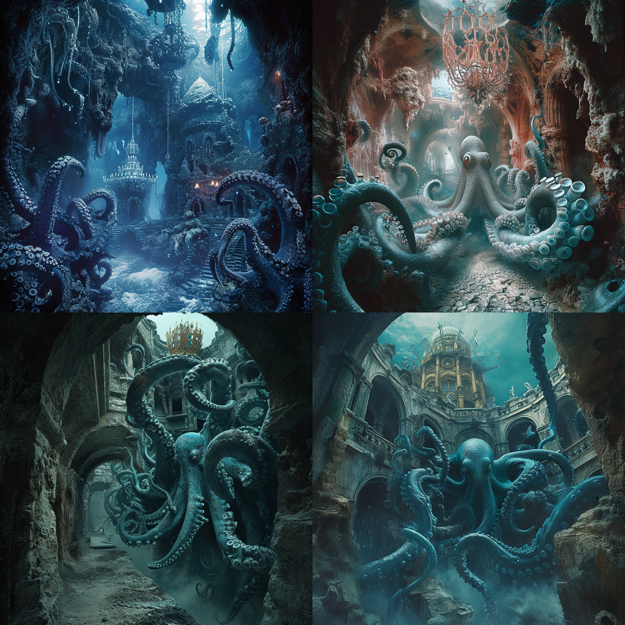 蒂姆·波顿和史蒂芬·金风格的水下洞穴，充满蓝色章鱼，逼真的电影场景，诡异，细节丰富，复古，老式水下屋，怪异美学，柯达风格，冷色调，全身视角，大猫在云中奔跑，错综复杂的细节，高度详细，超高分辨率，电影般的照明，逼真的摄影作品，栩栩如生，具有真实感，摄影作品，数字艺术，坐在由人骨制成的王座上，戴着金色皇冠，手持钻石权杖，撒旦被脏石墙包围，宇宙恐怖，逼真的摄影作品，复杂的超现实主义，错综复杂的细节，红色装饰，高清面部，高清，超逼真，8k，4d。