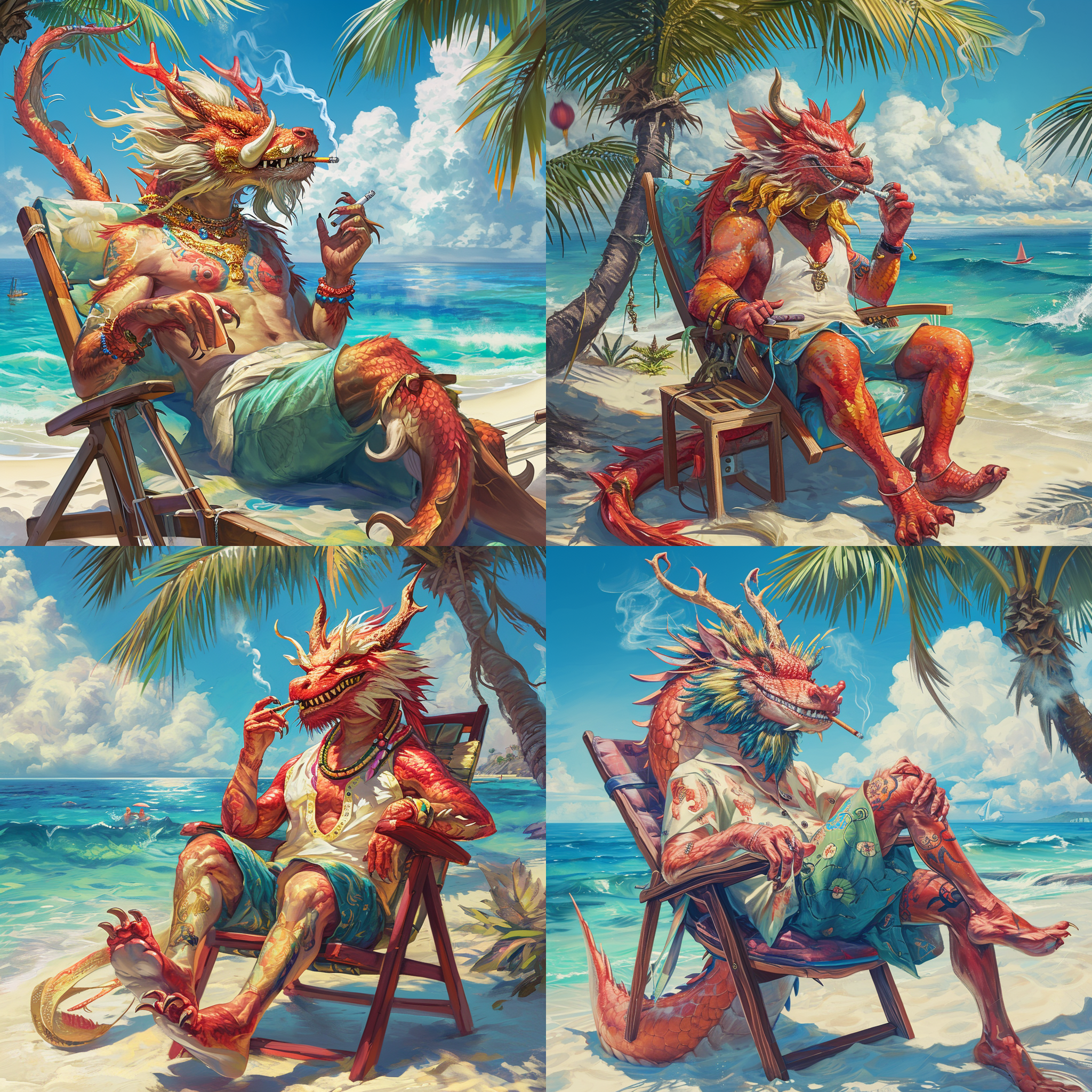 中国龙在海边渡假，身在海边沙滩的躺椅上，穿着短衣短裤，叼着一支烟，蓝色的海水，晴朗的天空，棷树在海边，整个画面颜色艳丽