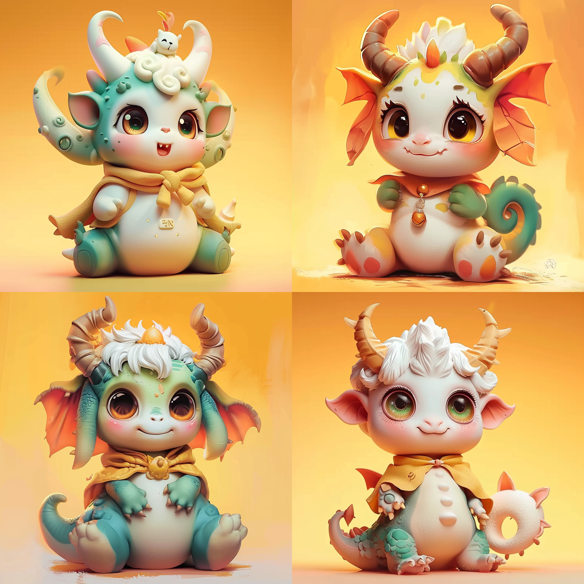 a small toy with horns and a dragon on it's head, sitting , with a yellow background, cute, a character portrait, abidin dino, furry art